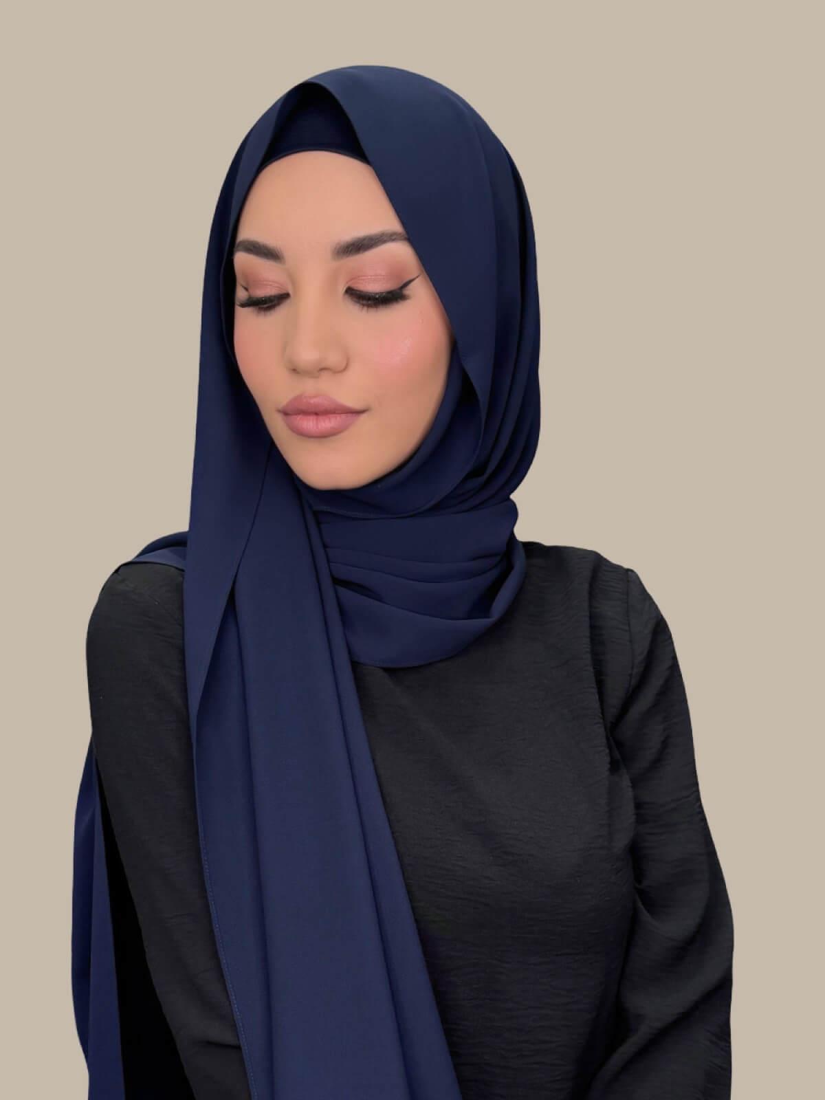Dark Slate Matching Chiffon Hijab Set on model, front view showing lightweight drape and smooth layered wrap with elegant finish.