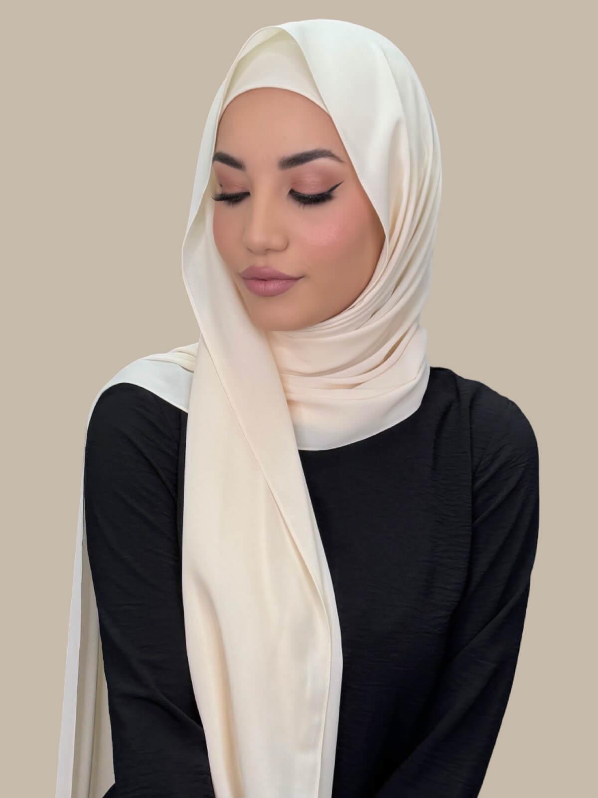 Ivory Lace Matching Chiffon Hijab Set on model, side view