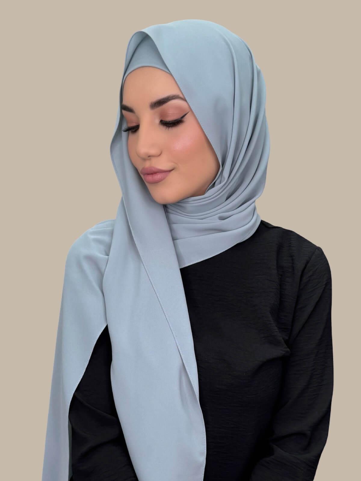 Stone Blue Matching Chiffon Hijab Set on model, side view showing lightweight drape and smooth layered wrap with elegant finish.