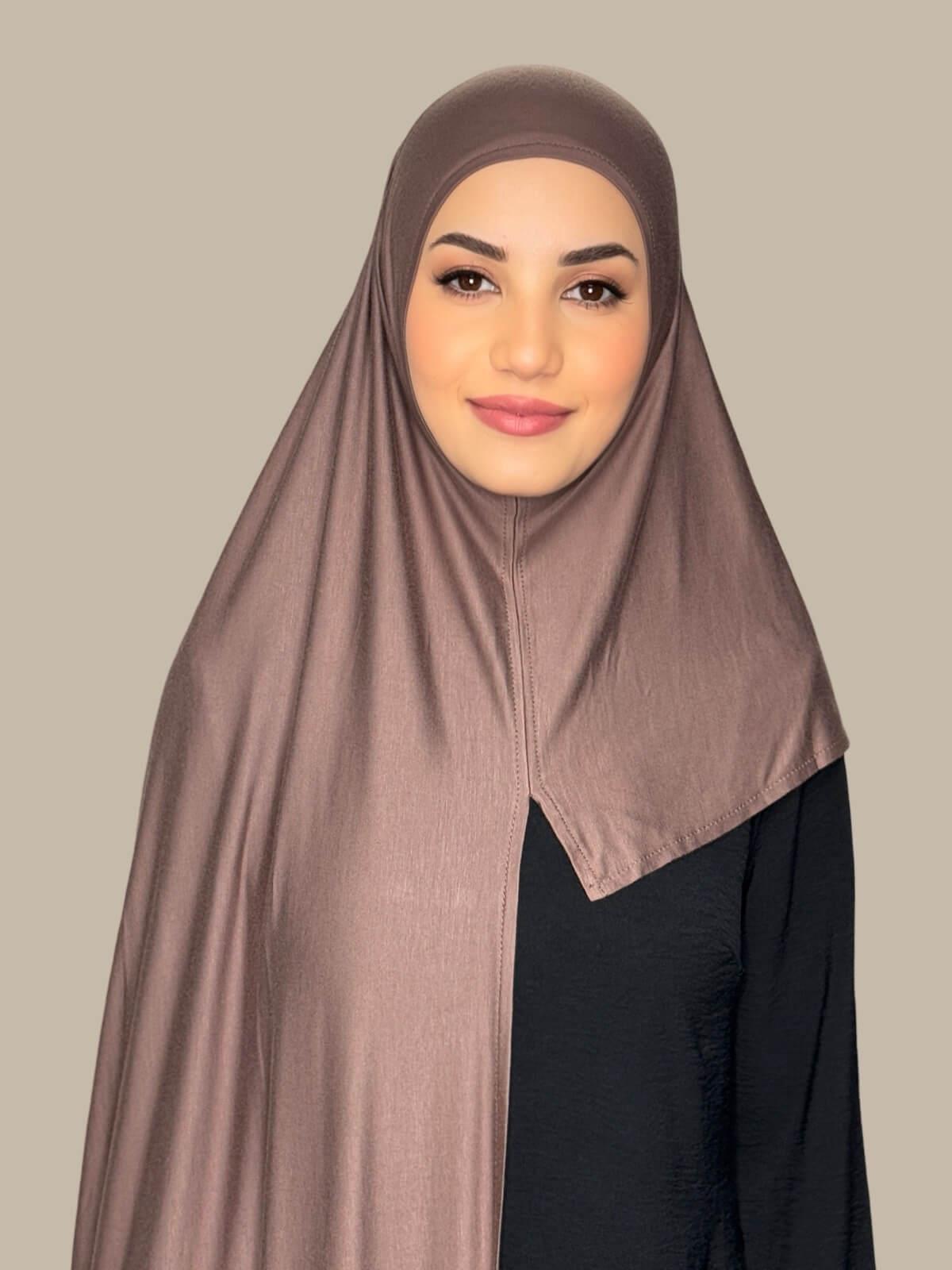 Mocha Brown Pre-Sewn Jersey Hijab front view on model showing full coverage and smooth drape on both sides