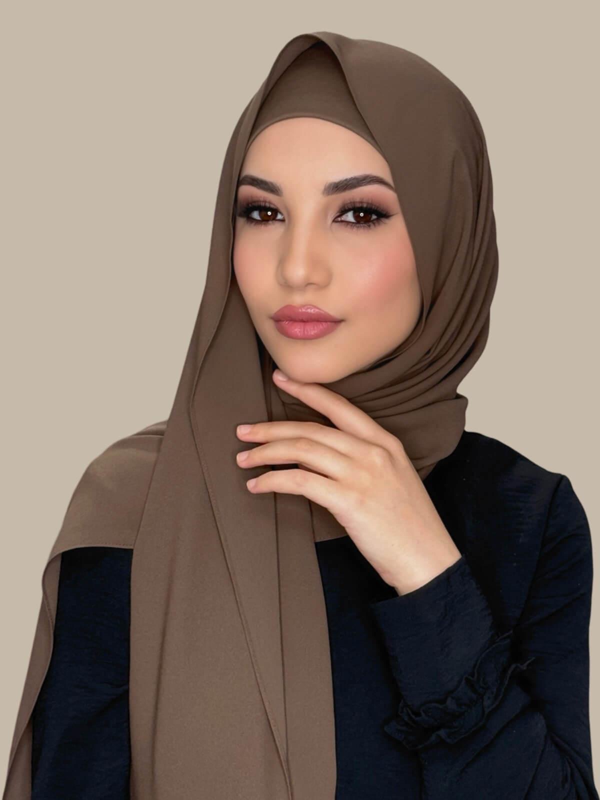 Swiss Brown Matching Chiffon Hijab Set on model,front view showing lightweight drape and smooth layered wrap with elegant finish