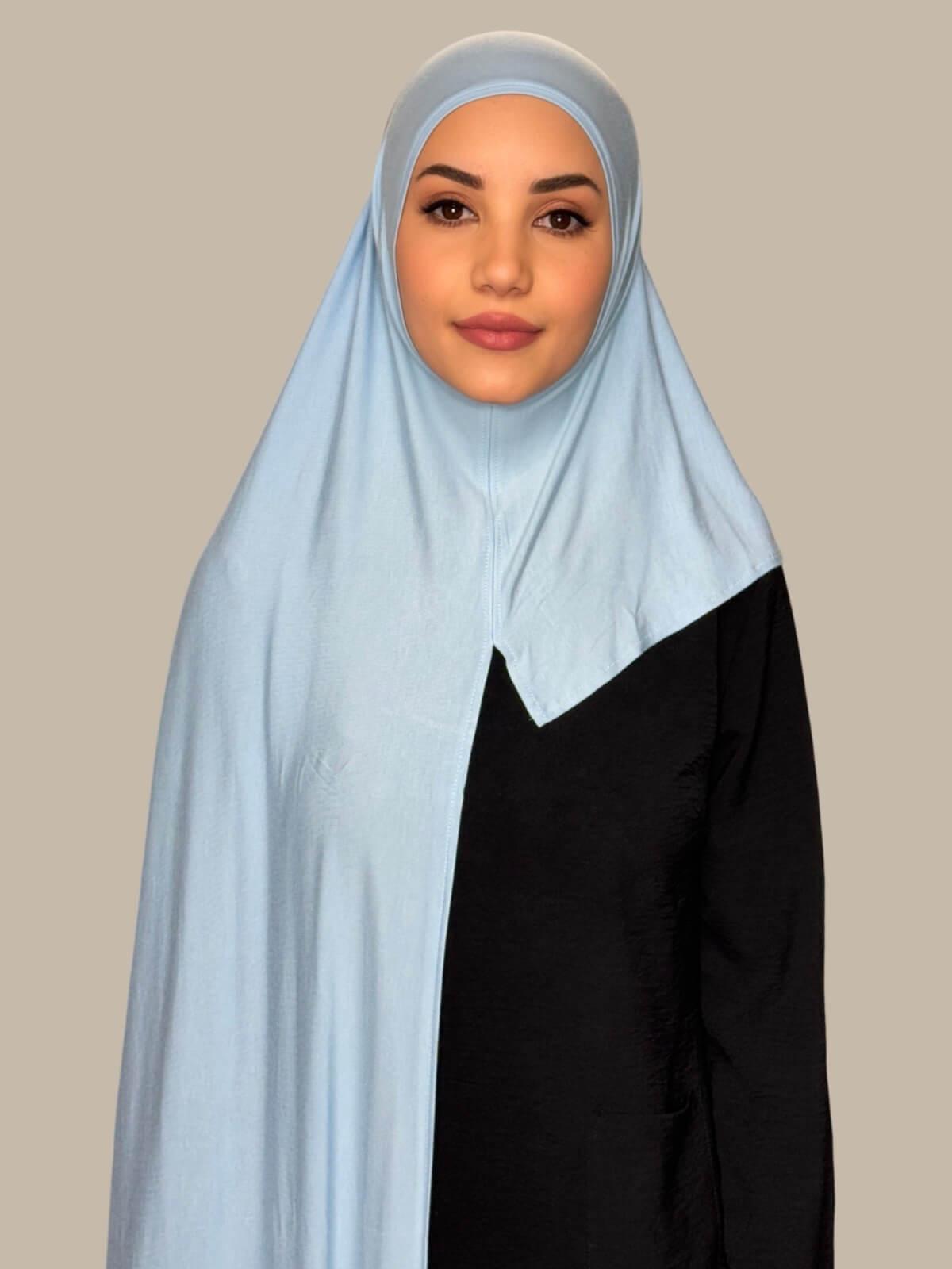 Baby Blue Pre-Sewn Jersey Hijab front view on model showing full coverage and smooth drape on both sides