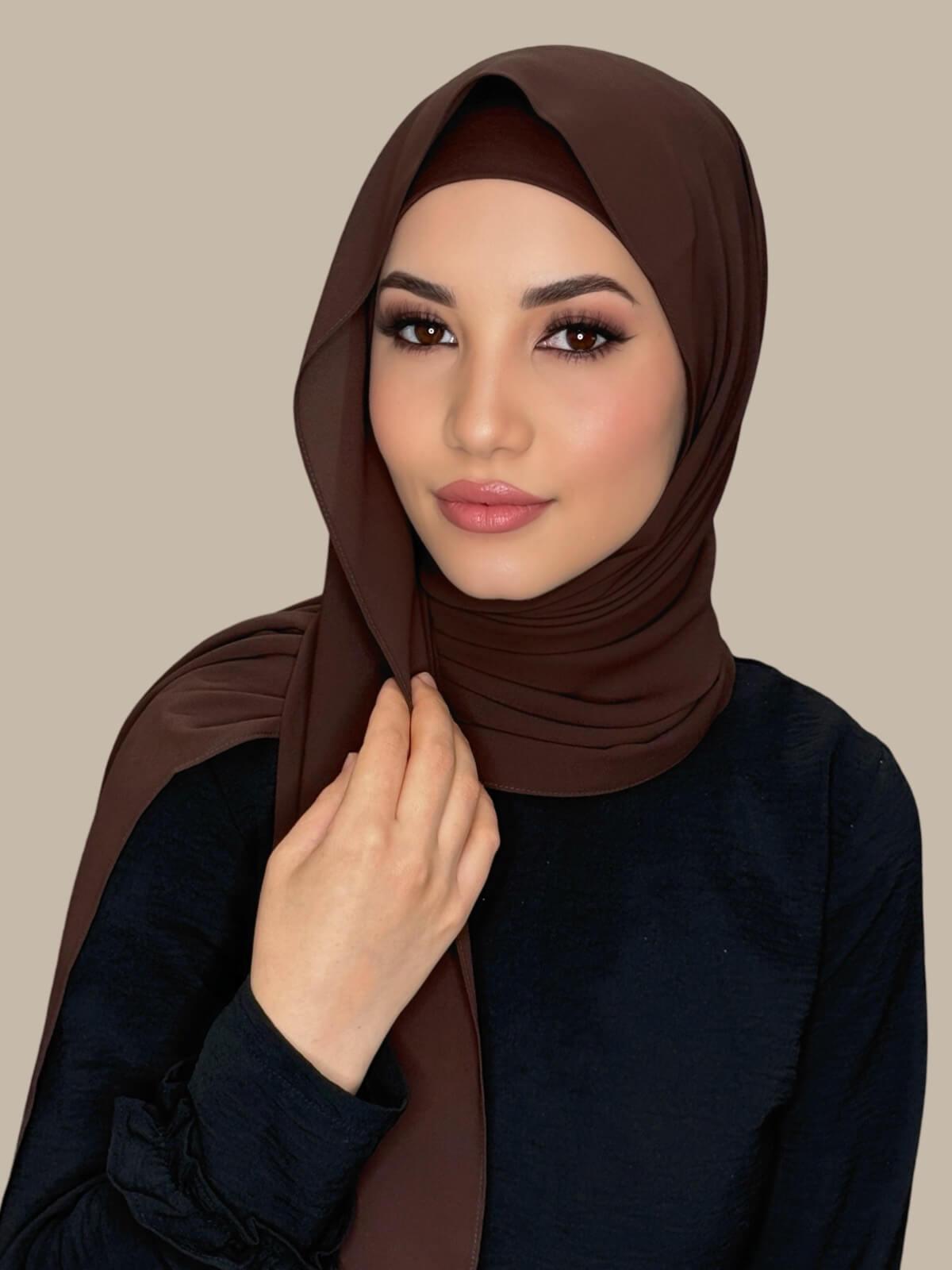 Umber Matching Chiffon Hijab Set on model,side view showing lightweight drape and smooth layered wrap with elegant finish
