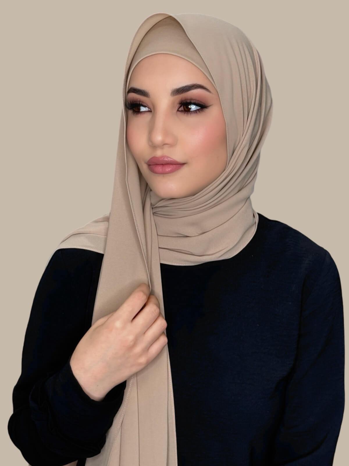 Desert Matching Chiffon Hijab Set on model, side view showing lightweight drape and smooth layered wrap with elegant finish