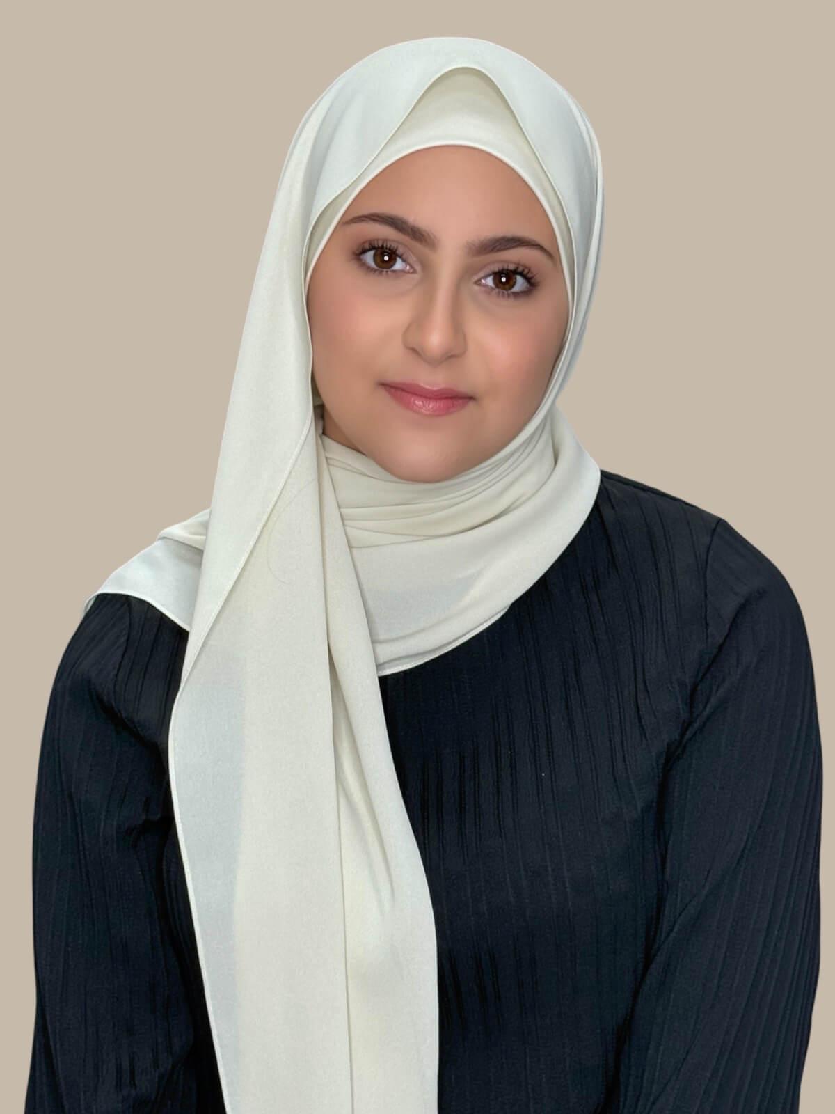 Royal Beige Matching Chiffon Hijab Set in modish girl size on model, front view draped over shoulder