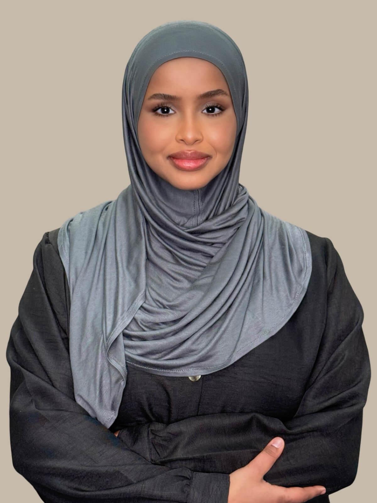 Pebble Grey Pre-Sewn Jersey Hijab — front view no pins easy to wrap