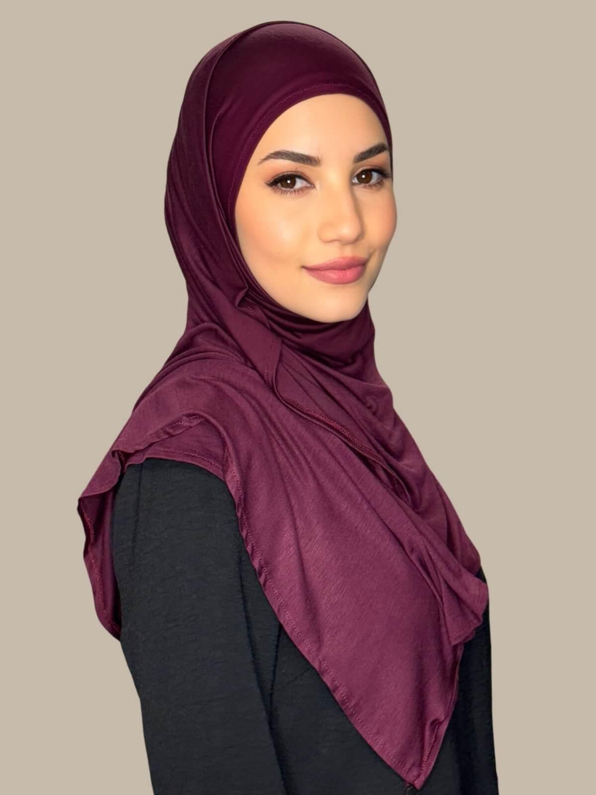 Wine Pre-Sewn Jersey Hijab side view on model