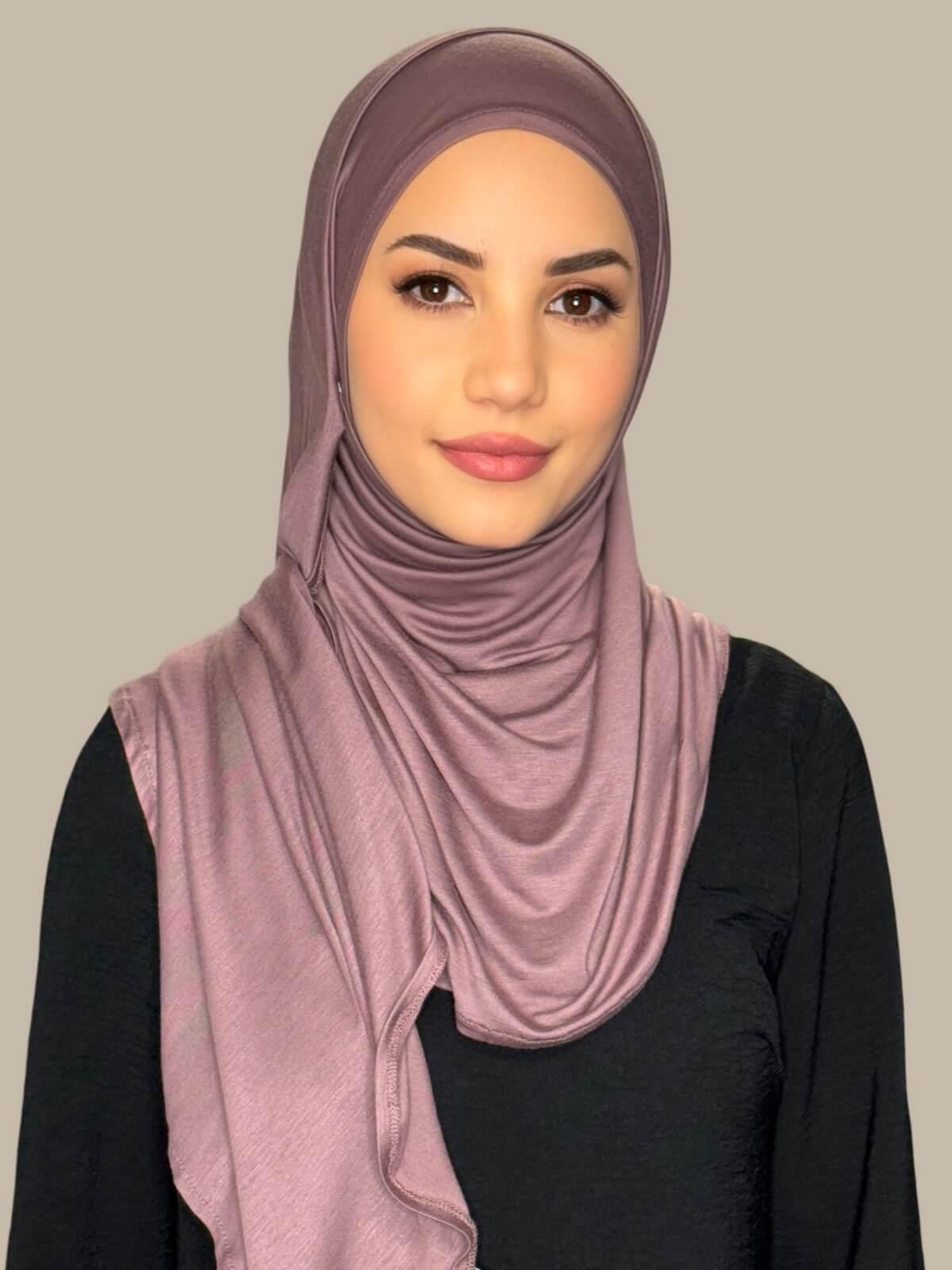 Rose Taupe Pre-Sewn Jersey Hijab front view on model