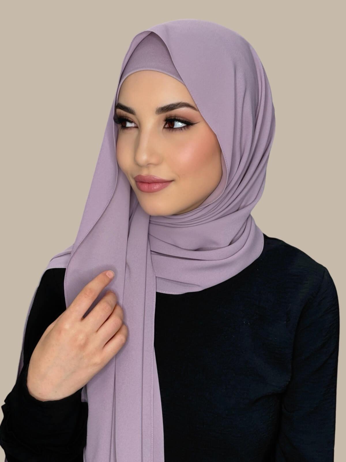 Barely Mauve Matching Chiffon Hijab Set on model,side view showing lightweight drape and smooth layered wrap with elegant finish