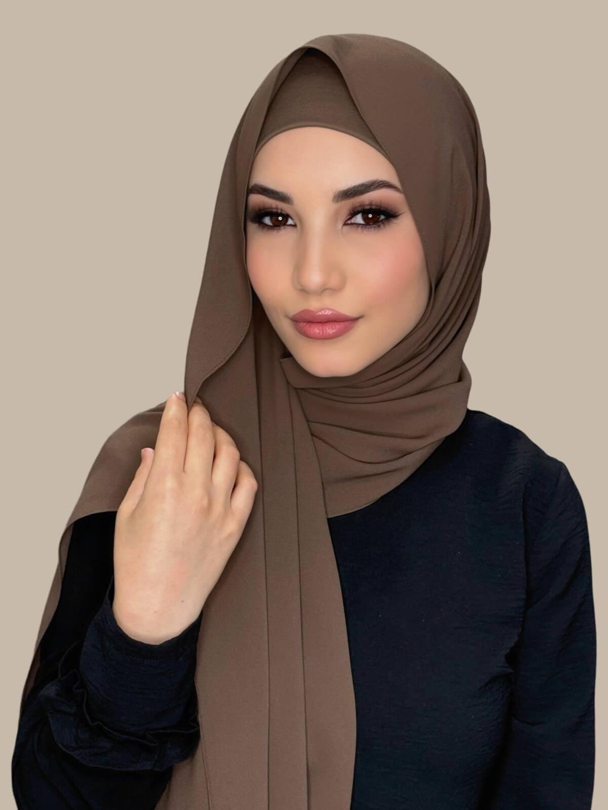 Swiss Brown Matching Chiffon Hijab Set on model,front view