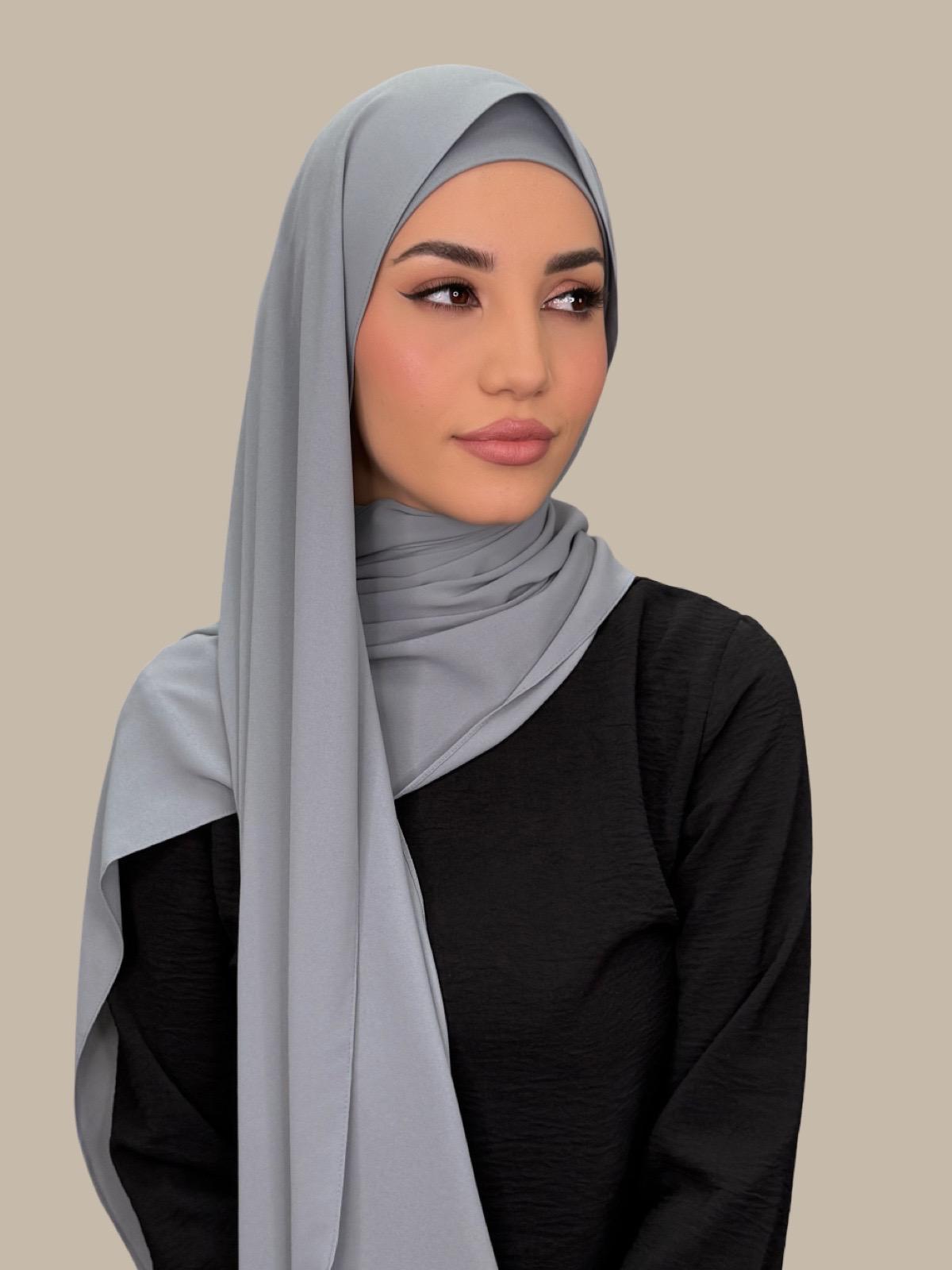 Slate Grey Matching Chiffon Hijab Set on model, side view showing lightweight drape and smooth layered wrap with elegant finish.