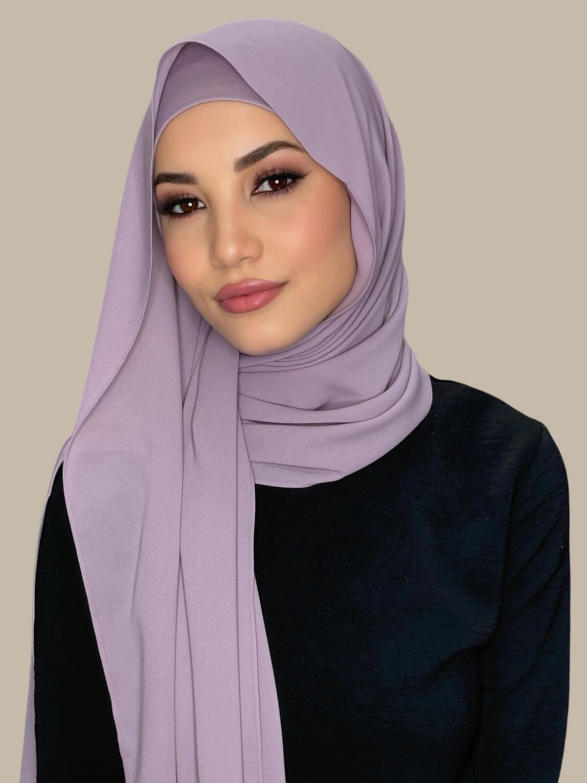 Barely Mauve Matching Chiffon Hijab Set on model,front view showing lightweight drape and smooth layered wrap with elegant finish
