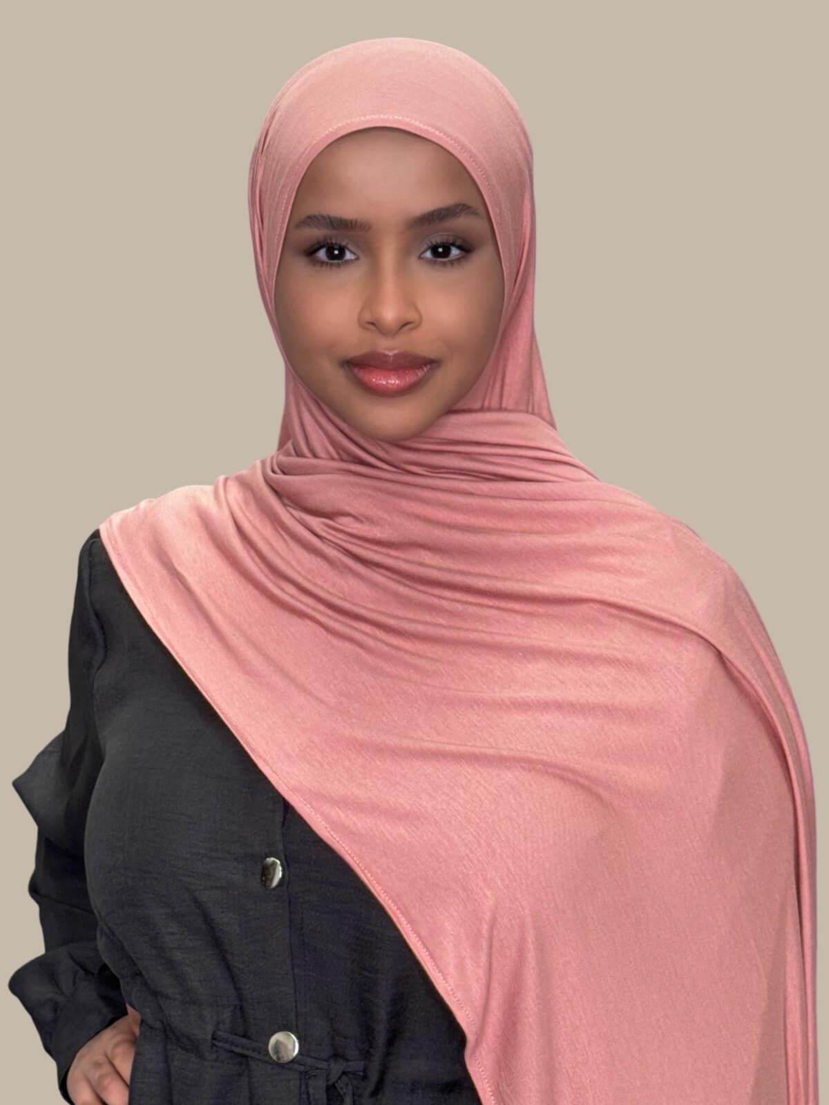 WoodRose Pre-Sewn Jersey Hijab front view on model draped on shoulder