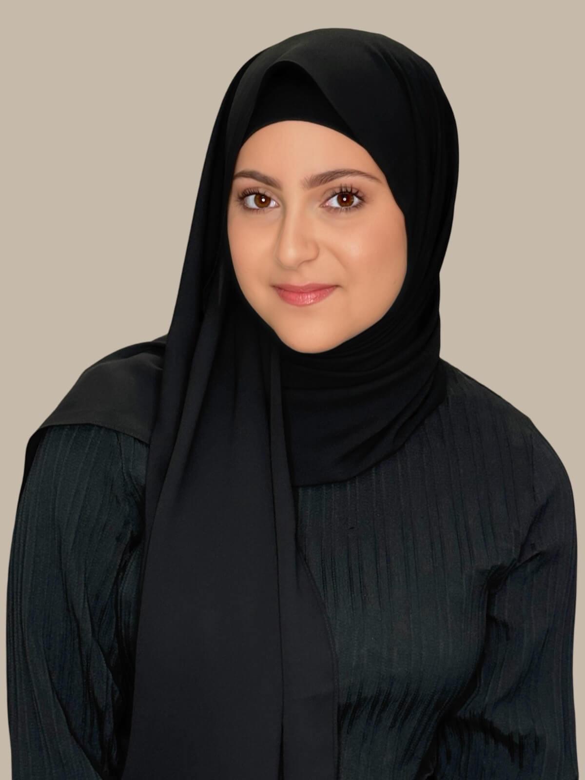 Black Matching Chiffon Hijab Set in modish girl size on model, front view showing lightweight drape and smooth layered wrap with elegant finish.