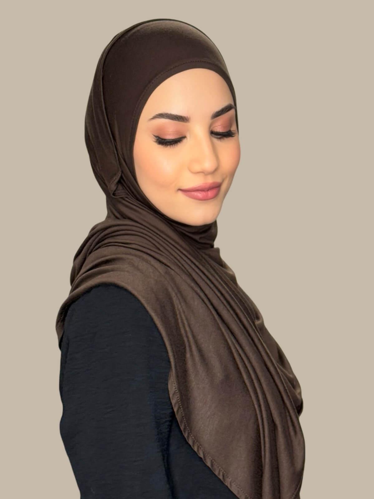 Chocolate Brown Pre-Sewn Jersey Hijab, side view on model, no pins no effort