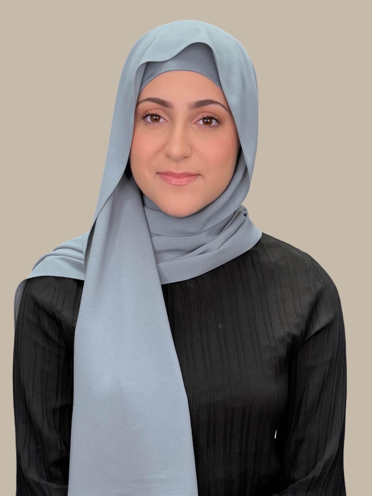 Slate Grey Matching Chiffon Hijab Set in modish girl size on model, front view showing lightweight drape and smooth layered wrap with elegant finish.