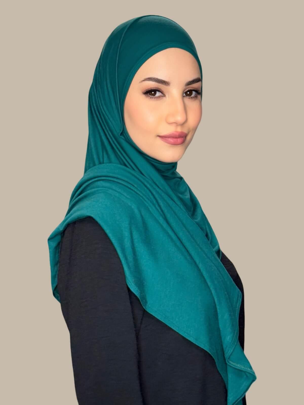 Pine Green Pre-Sewn Jersey Hijab, side view on model