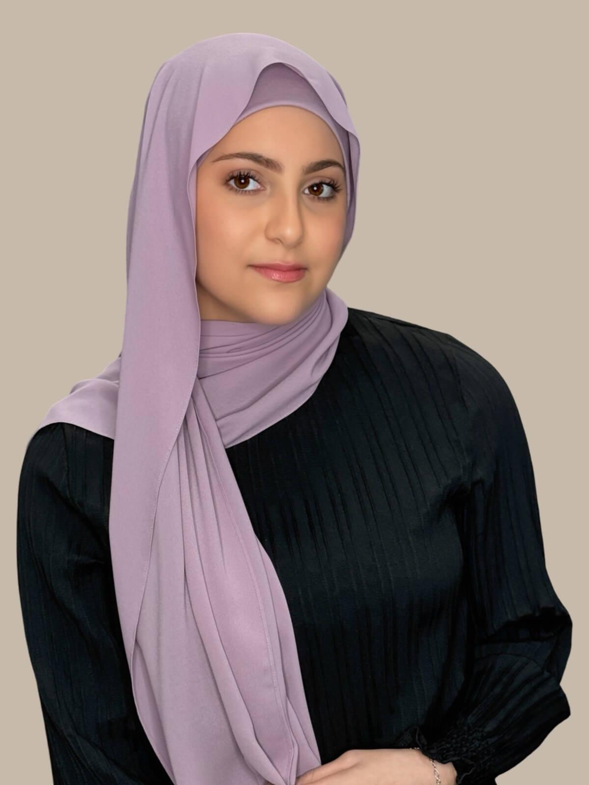 Barely Mauve Matching Chiffon Hijab Set in modish girl size on model, side view showing lightweight drape and smooth layered wrap with elegant finish.