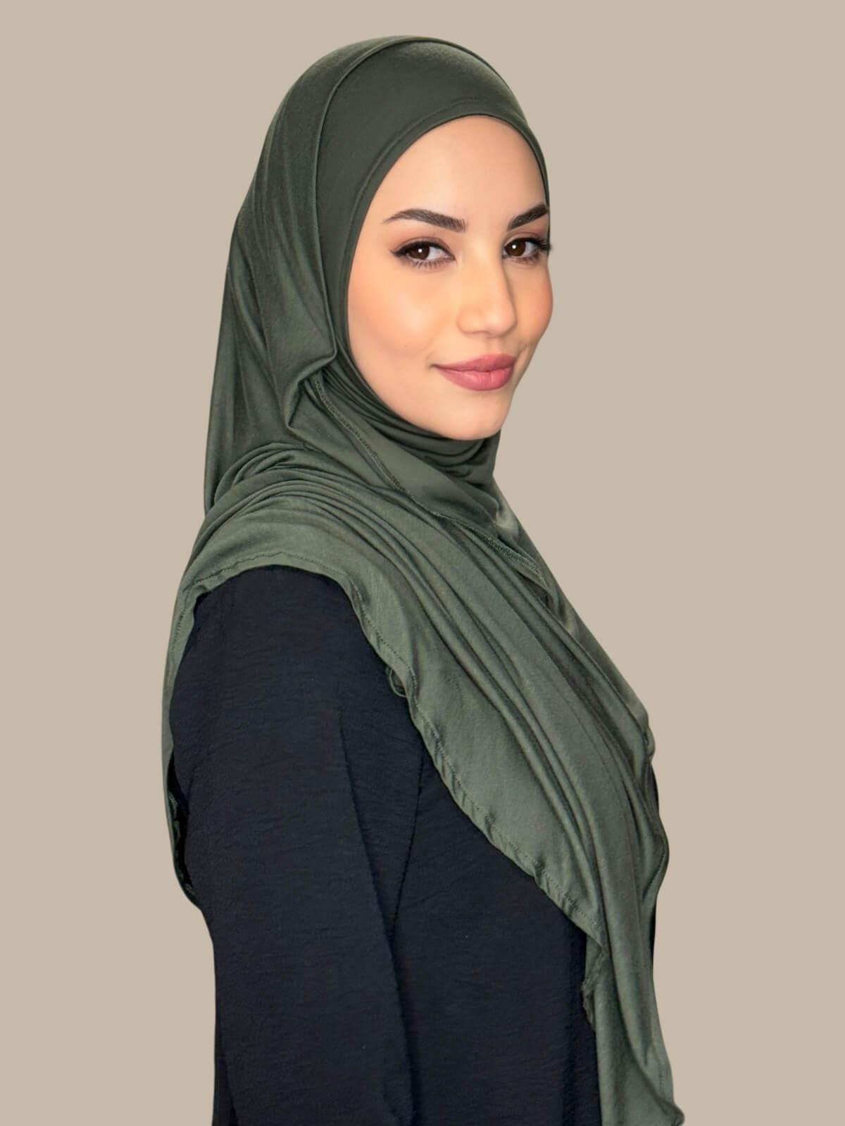Army Green Pre-Sewn Jersey Hijab, side view on model