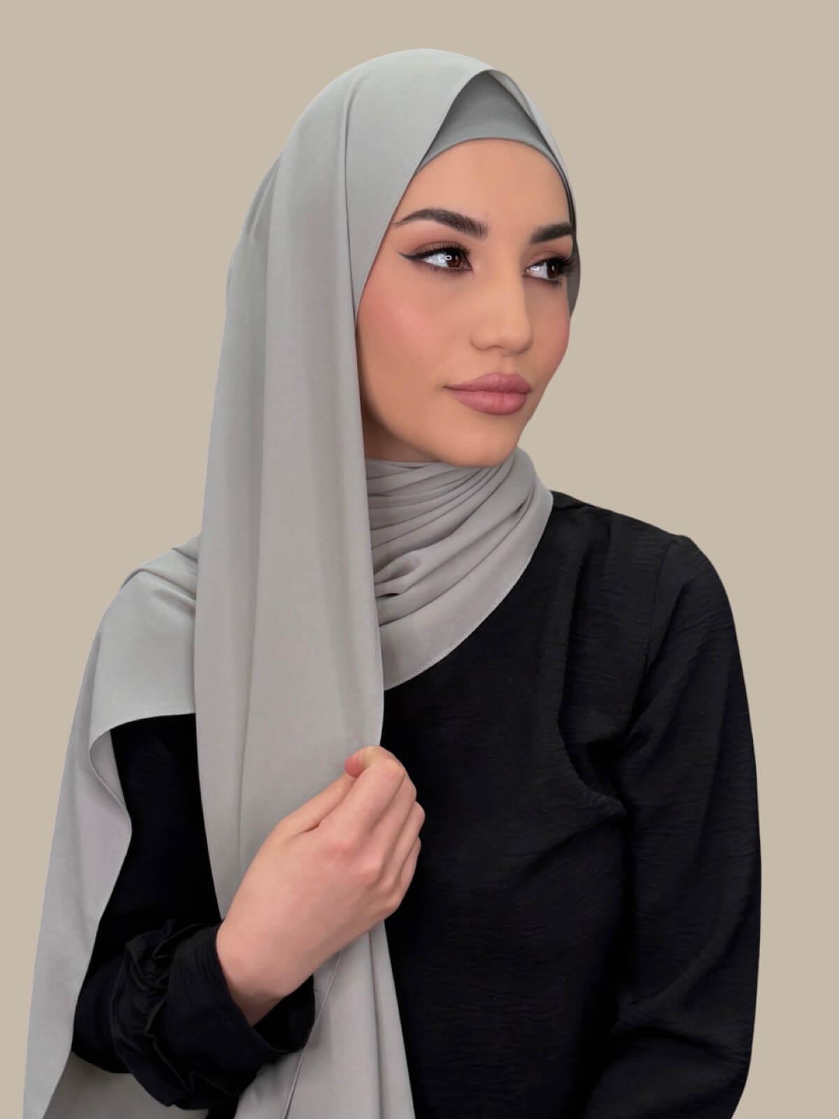 Soft Sage Matching Chiffon Hijab Set on model, side view showing lightweight drape and smooth layered wrap with elegant finish.