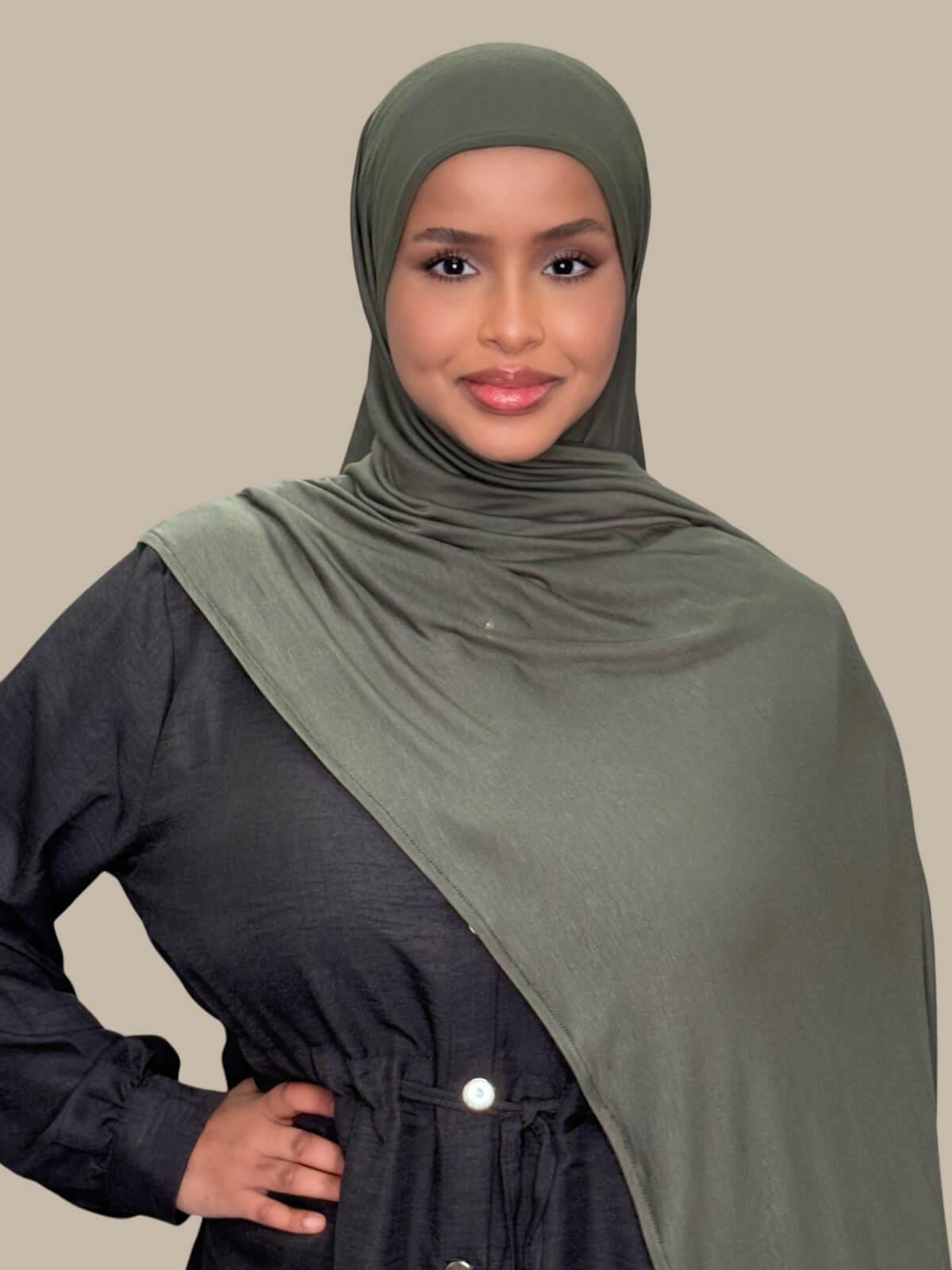 Army Green Pre-Sewn Jersey Hijab, front view on model draped over the shoulder