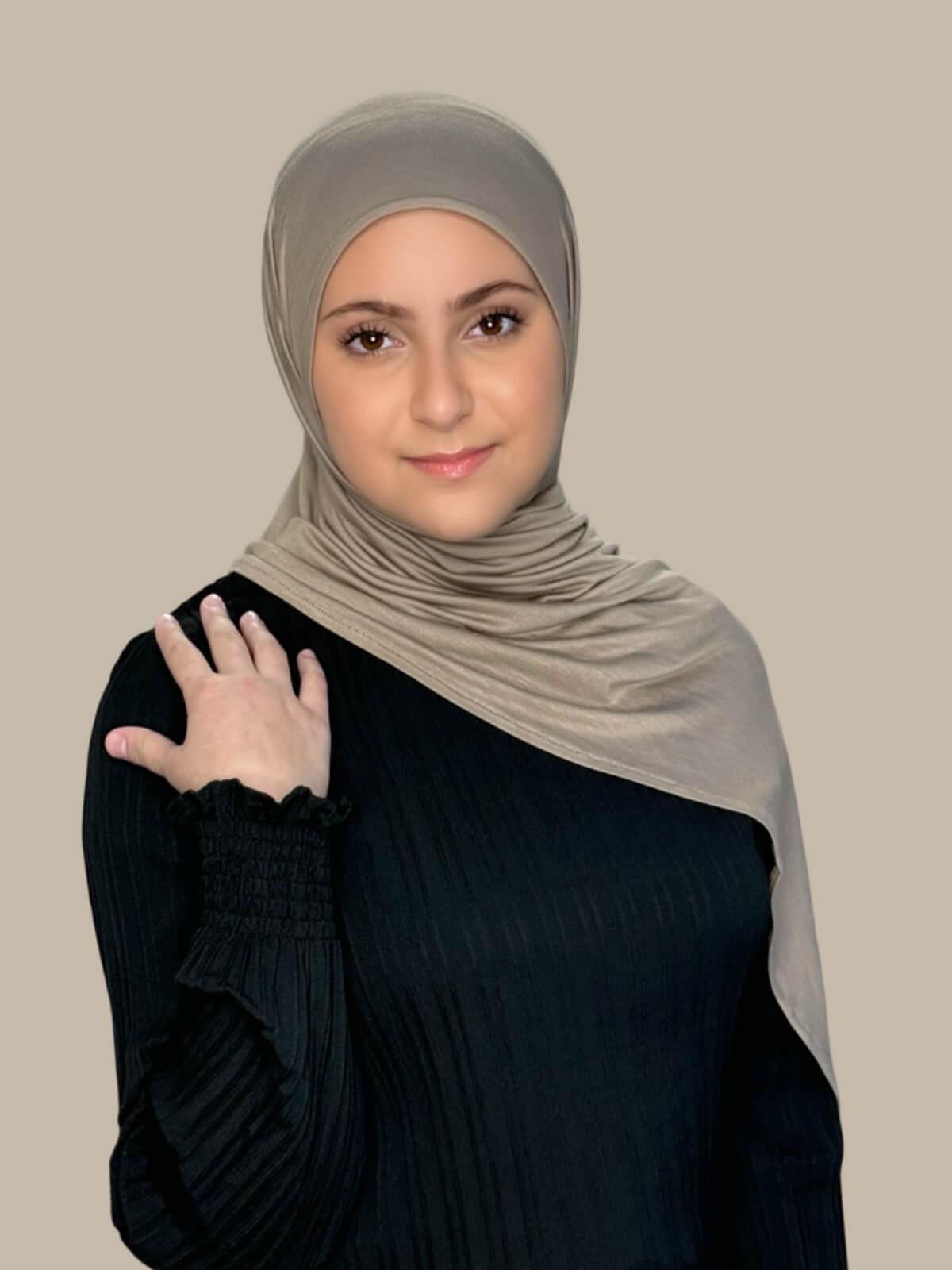 Desert Pre-Sewn Jersey Hijab in Modish Girl size, side view on model with hijab draped over shoulder