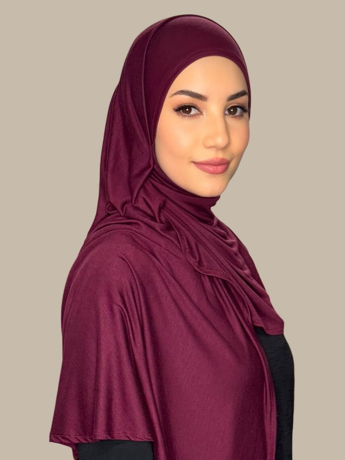 Burgundy Pre-Sewn Jersey Hijab side view on model