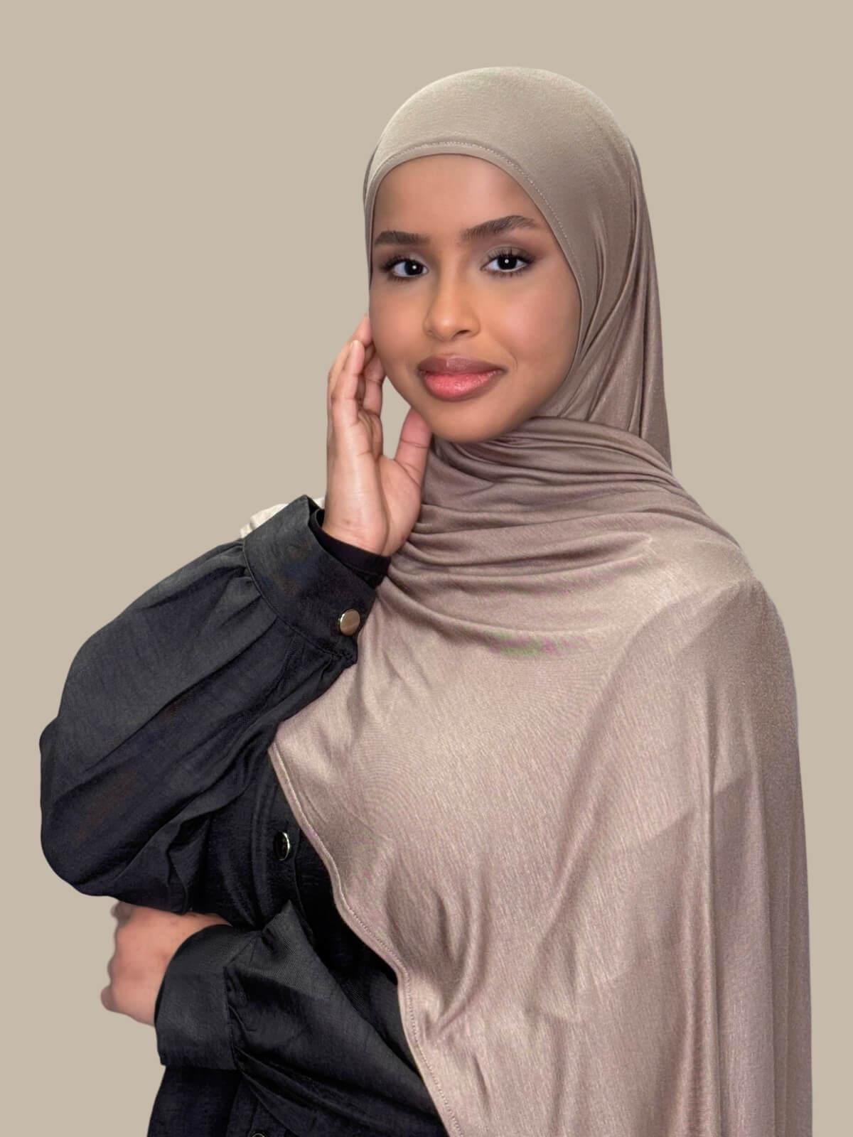 Sandstone Pre-Sewn Jersey Hijab, over the shoulder drape.