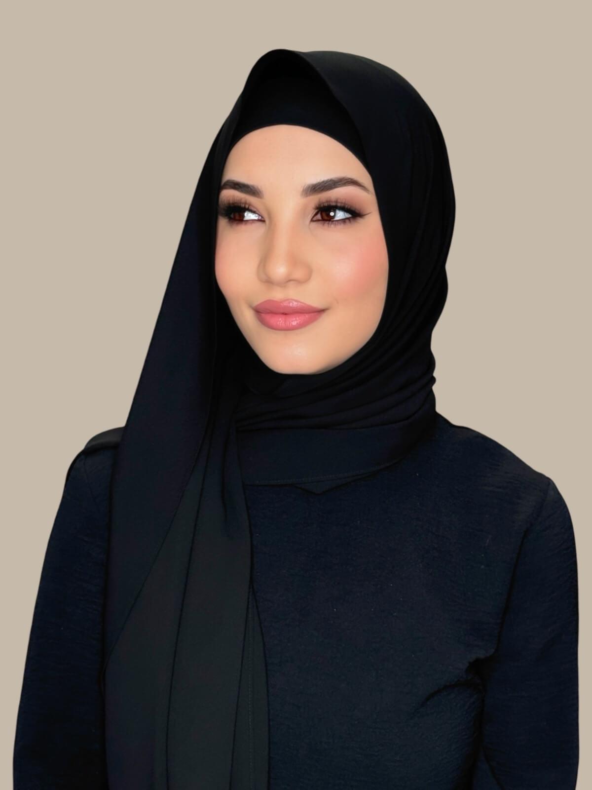 Black Matching Chiffon Hijab Set on model, side view showing lightweight drape and smooth layered wrap with elegant finish.