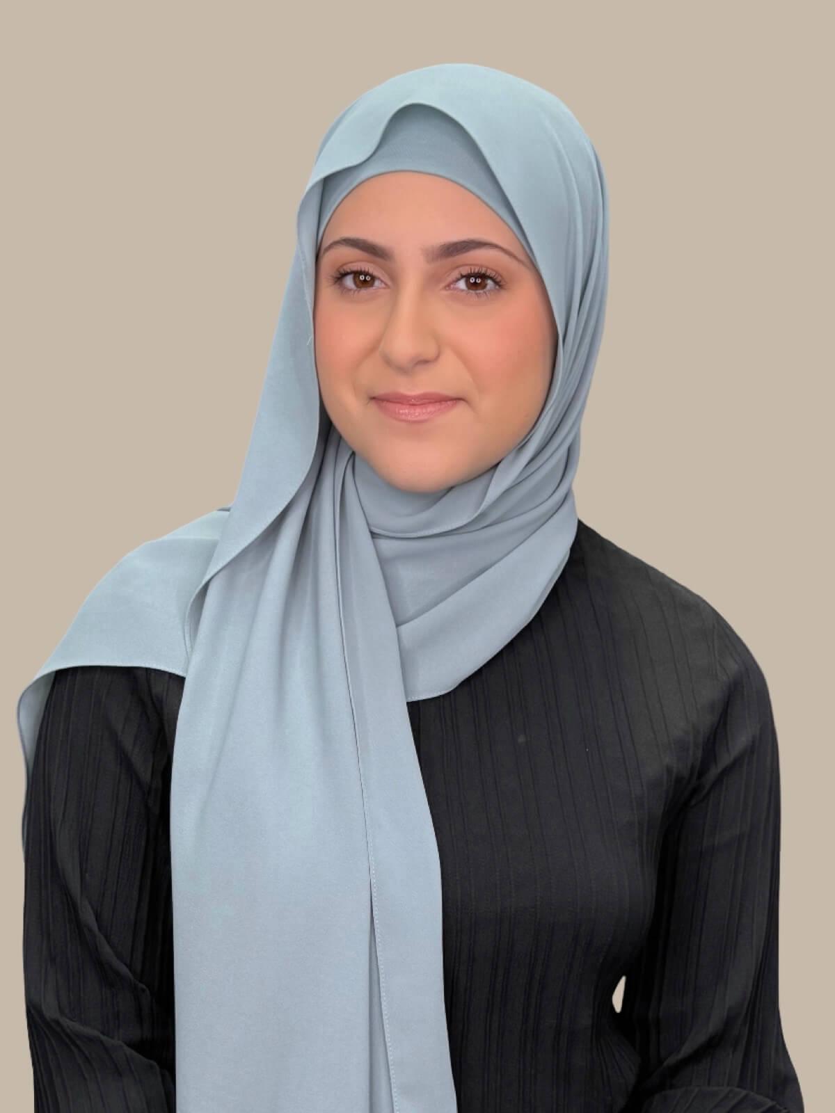 Stone Blue Matching Chiffon Hijab Set in modish girl size on model, front view showing lightweight drape and smooth layered wrap with elegant finish.