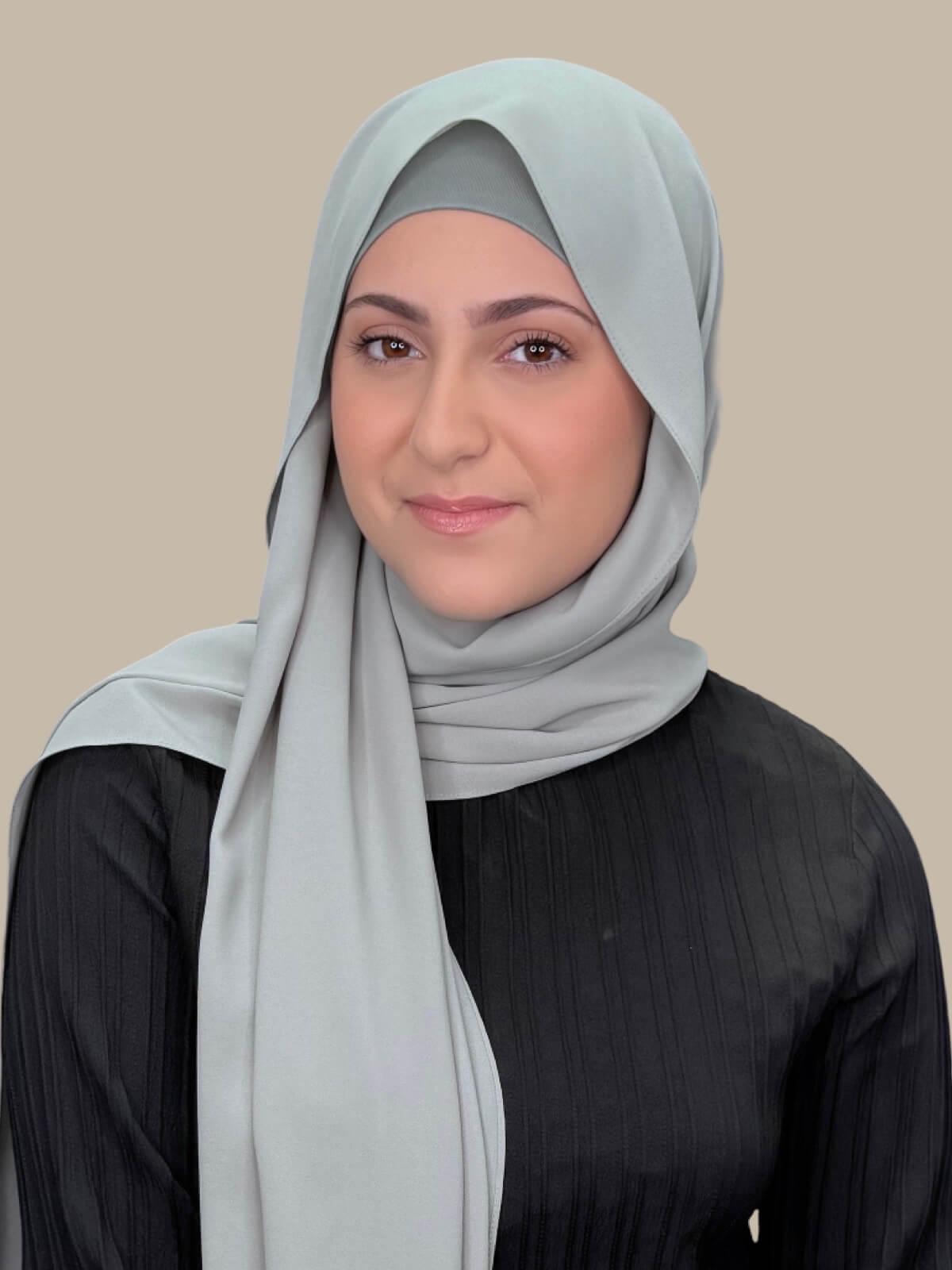 Soft Sage Matching Chiffon Hijab Set in modish girl size on model, side view showing lightweight drape and smooth layered wrap with elegant finish.