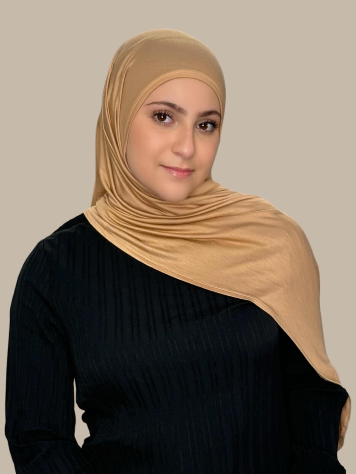 Honey Pre-Sewn Jersey Hijab in Modish Girl size, front view on model with hijab draped over shoulder effortless to wear