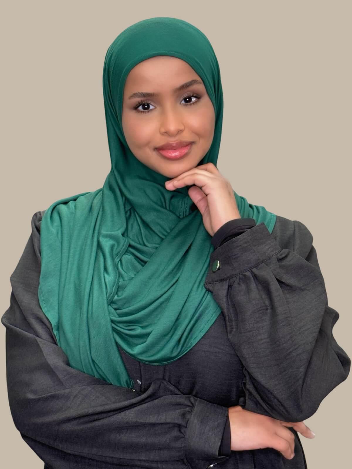 Forest Green Pre-Sewn Jersey Hijab, front view on model