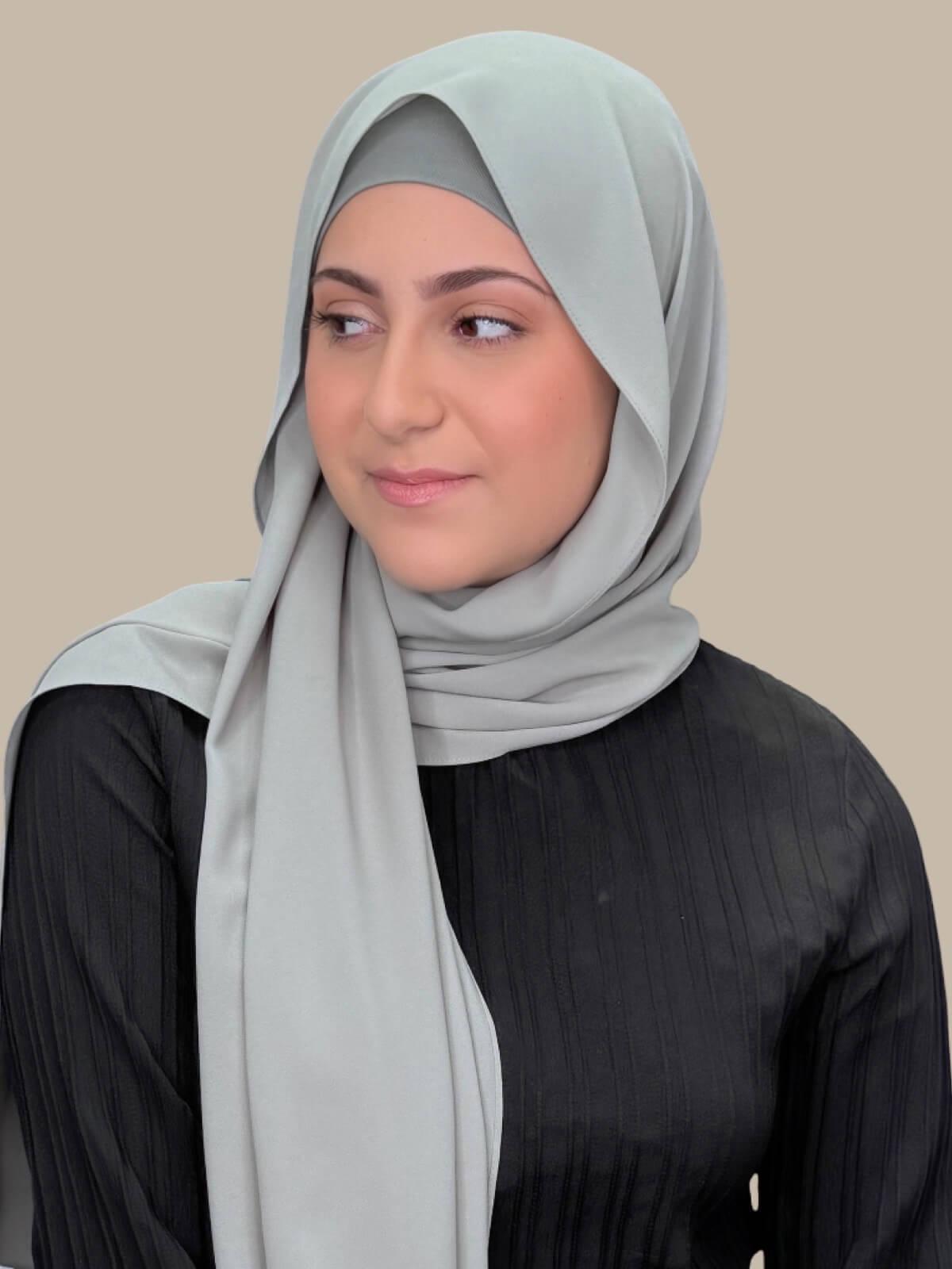 Soft Sage Matching Chiffon Hijab Set in modish girl size on model, side view