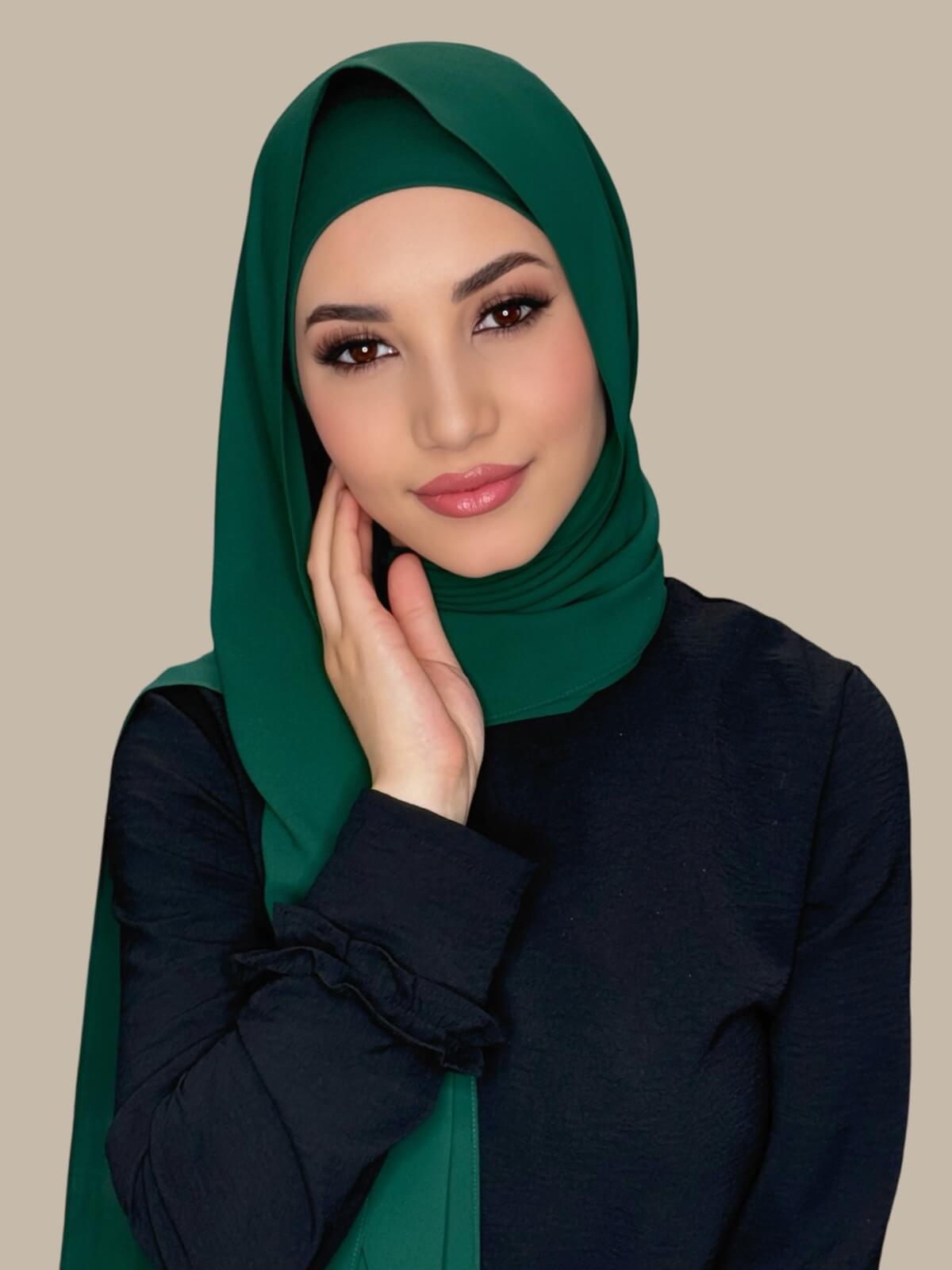 Deep Green Matching Chiffon Hijab Set on model,front view draped over one shoulder