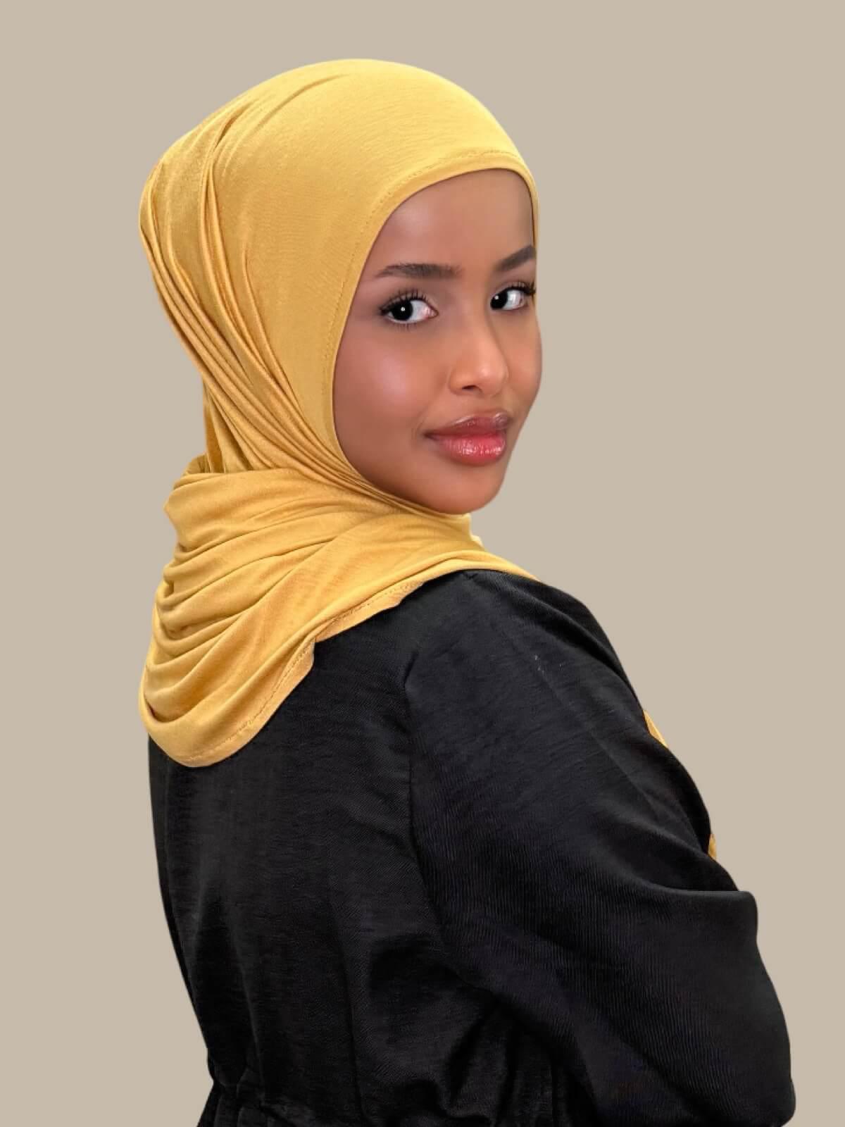 Saffron Pre-Sewn Jersey Hijab, back view on model