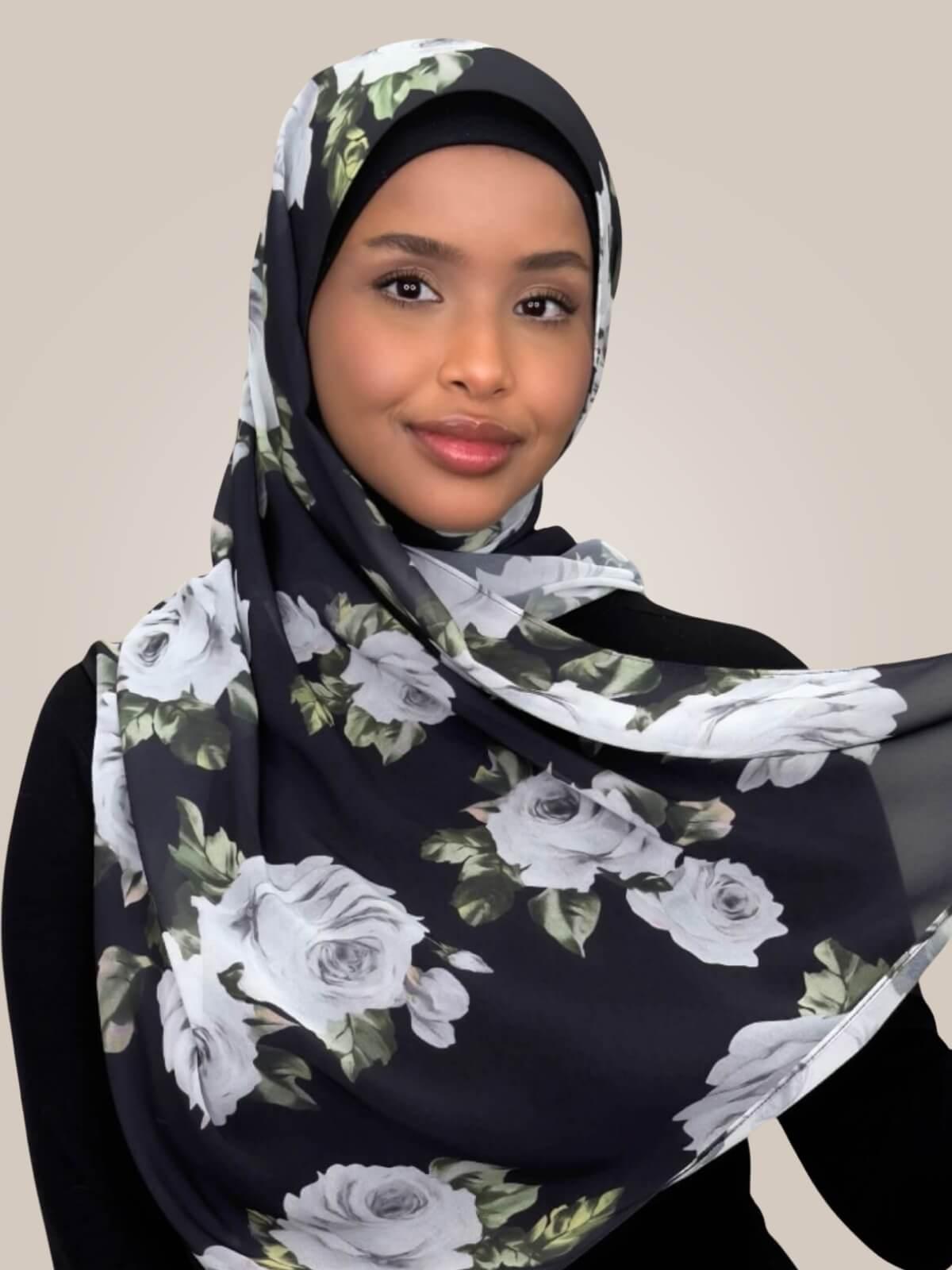 Printed Chiffon Hijab-Frosted Rosette
