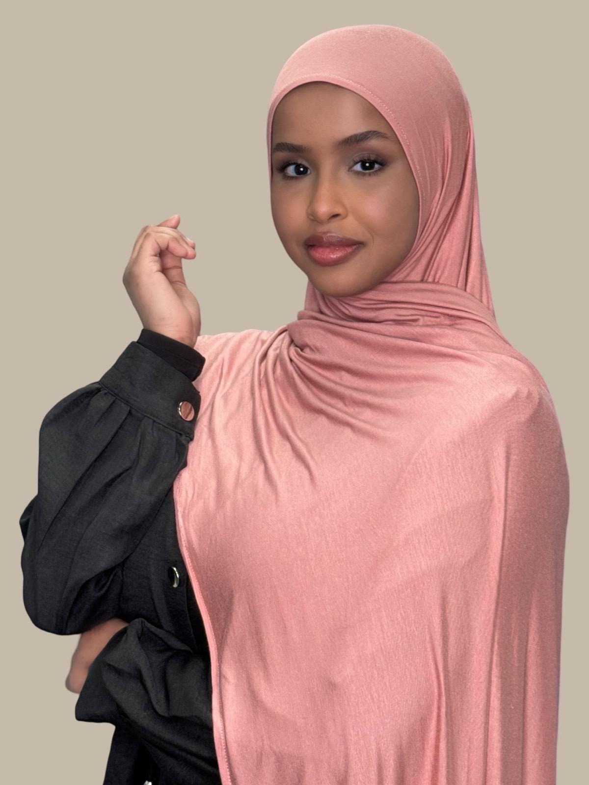 WoodRose Pre-Sewn Jersey Hijab side view on model draped on shoulder
