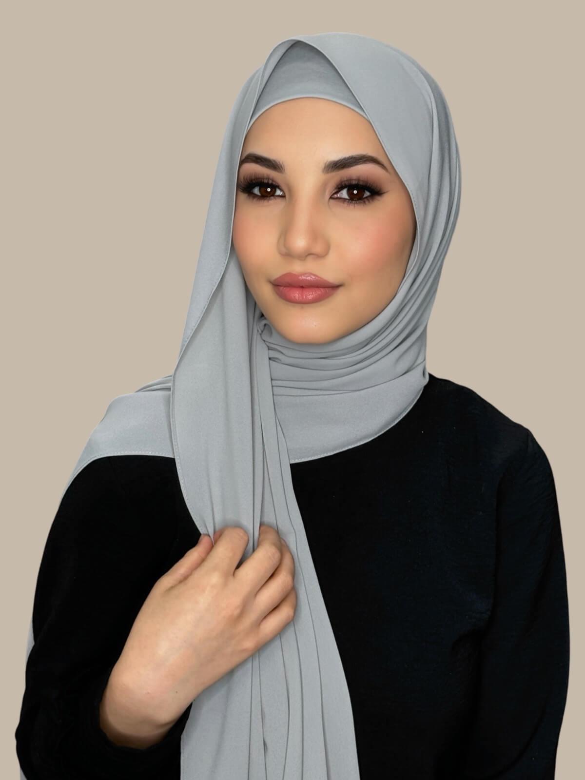 Dolphin Grey Matching Chiffon Hijab Set on model,front view showing lightweight drape and smooth layered wrap with elegant finish