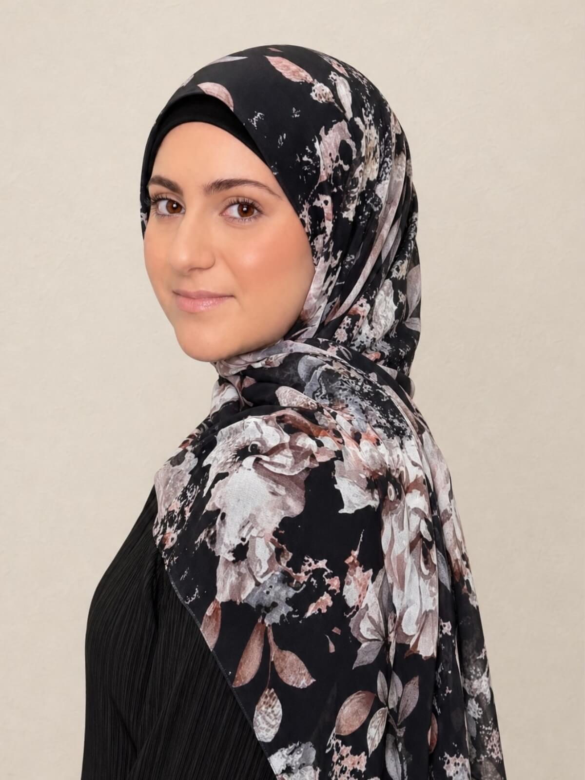 Modish Girl Printed Chiffon Hijab- Fleurette Slate II