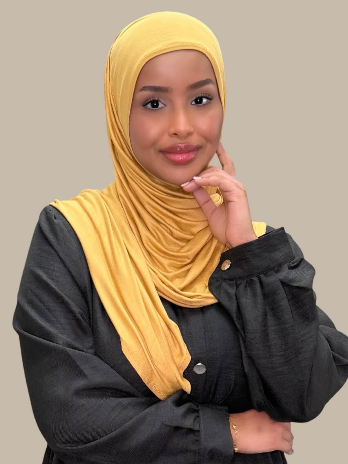 Saffron Pre-Sewn Jersey Hijab, front view on model, just wrap and go