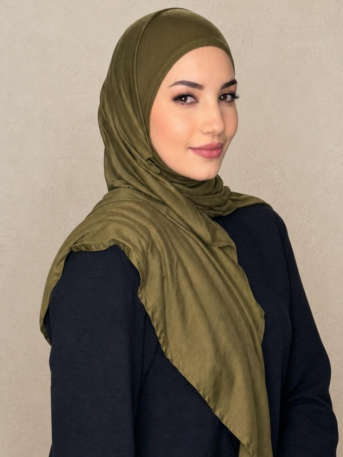 Pre-Sewn Jersey Hijab-Olive Green