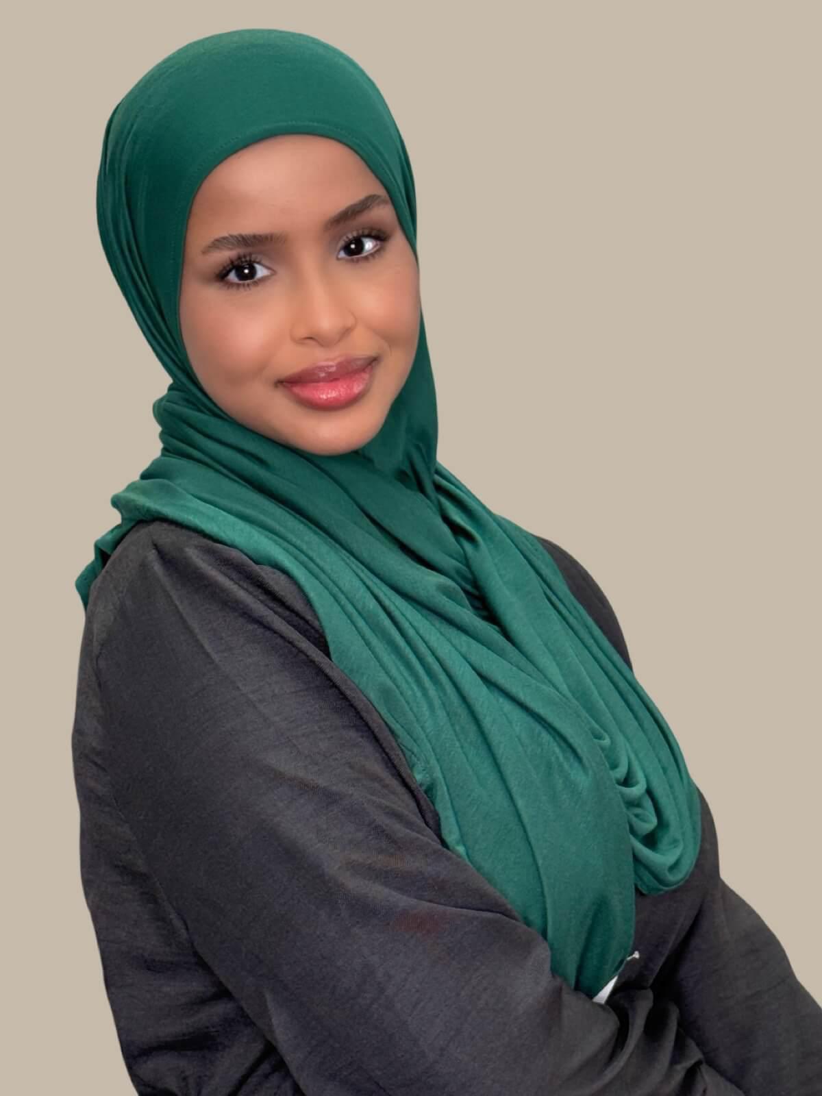 Forest Green Pre-Sewn Jersey Hijab, side view on model