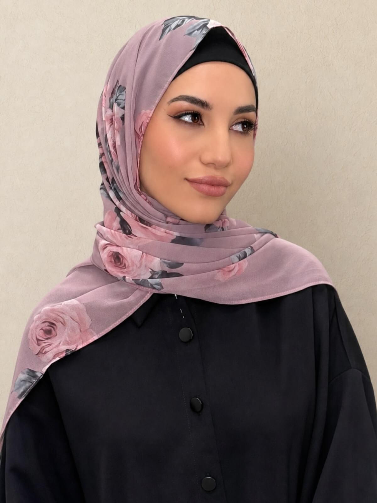 Printed Chiffon Hijab-Neutral Rosette