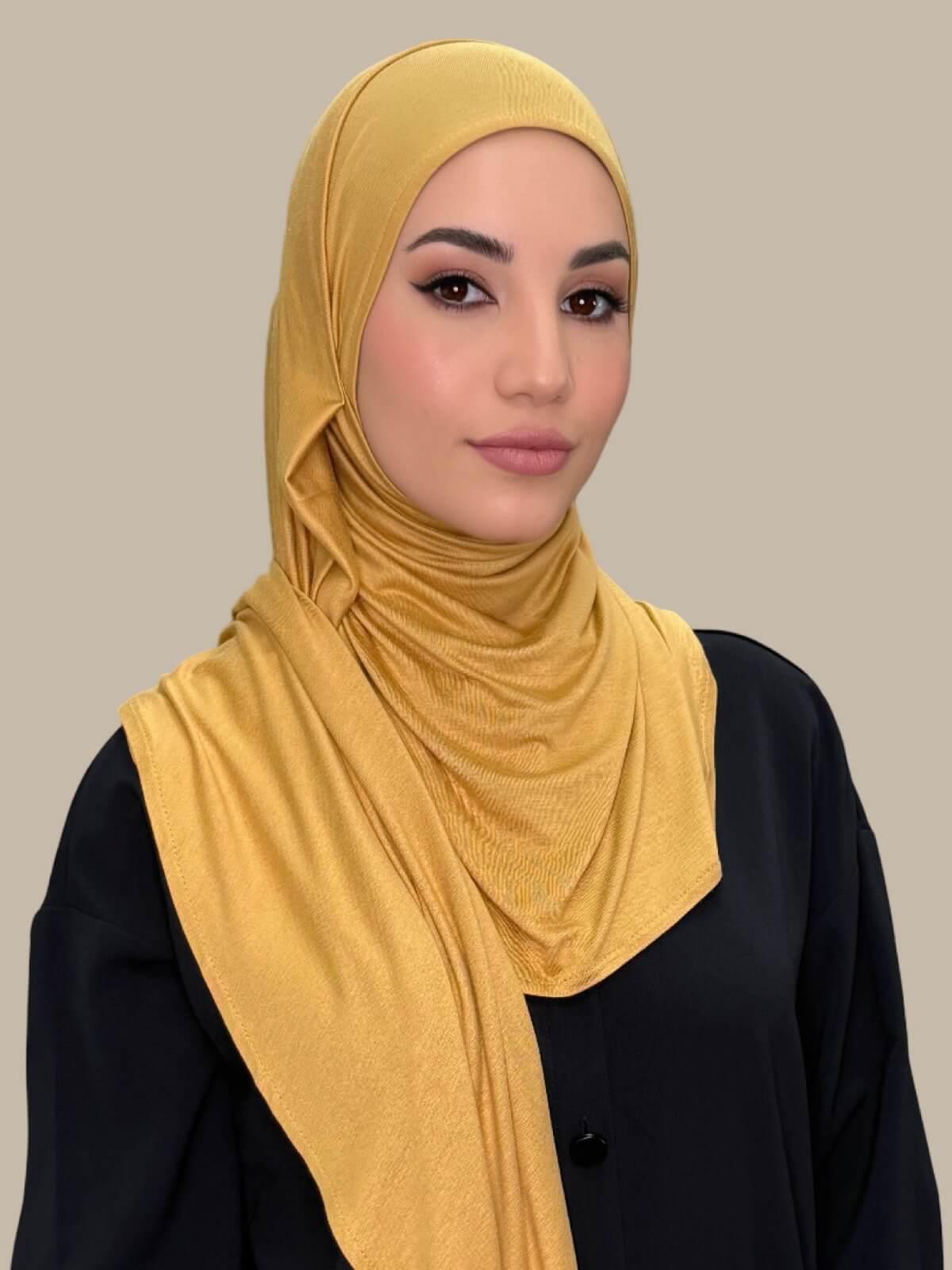 Saffron Pre-Sewn Jersey Hijab, front view on model