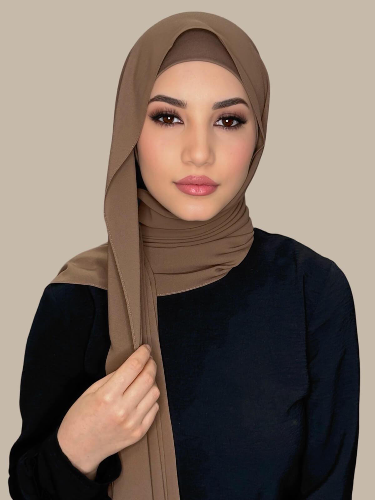 Walnut Brown Matching Chiffon Hijab Set on model,front view