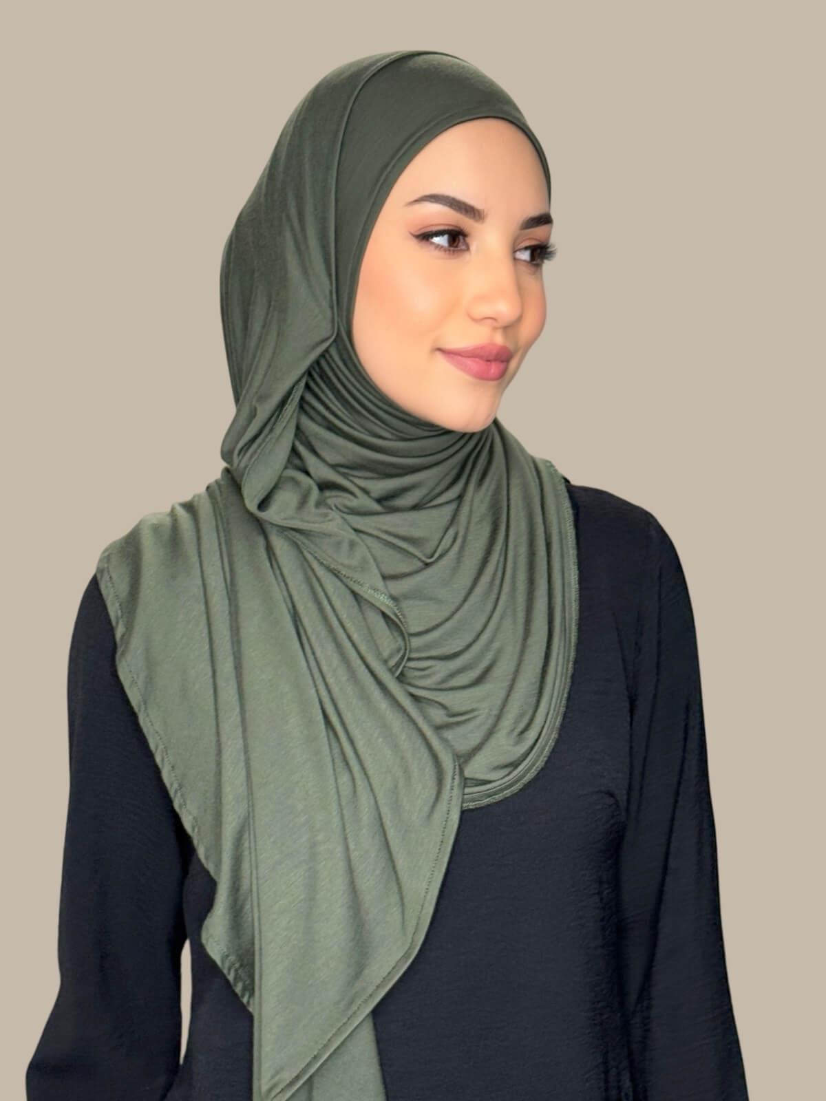 Army Green Pre-Sewn Jersey Hijab, front view on model