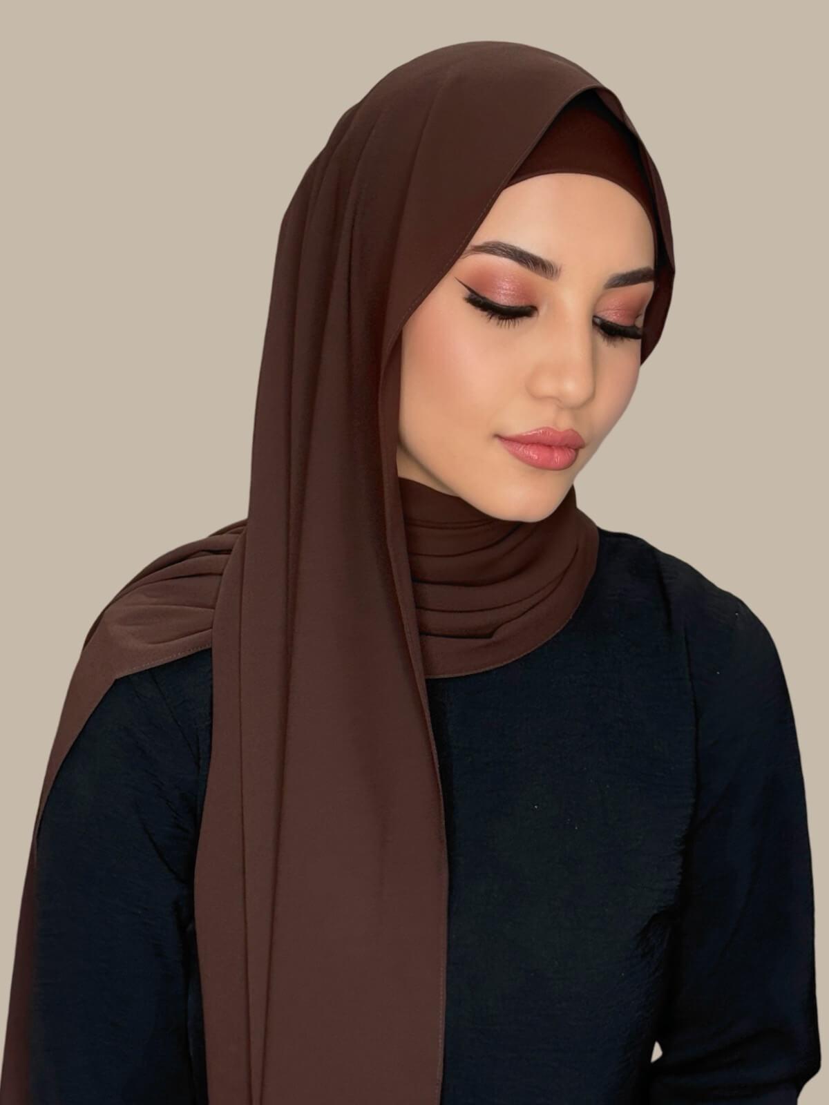 Umber Matching Chiffon Hijab Set on model,front view showing lightweight drape and smooth layered wrap with elegant finish