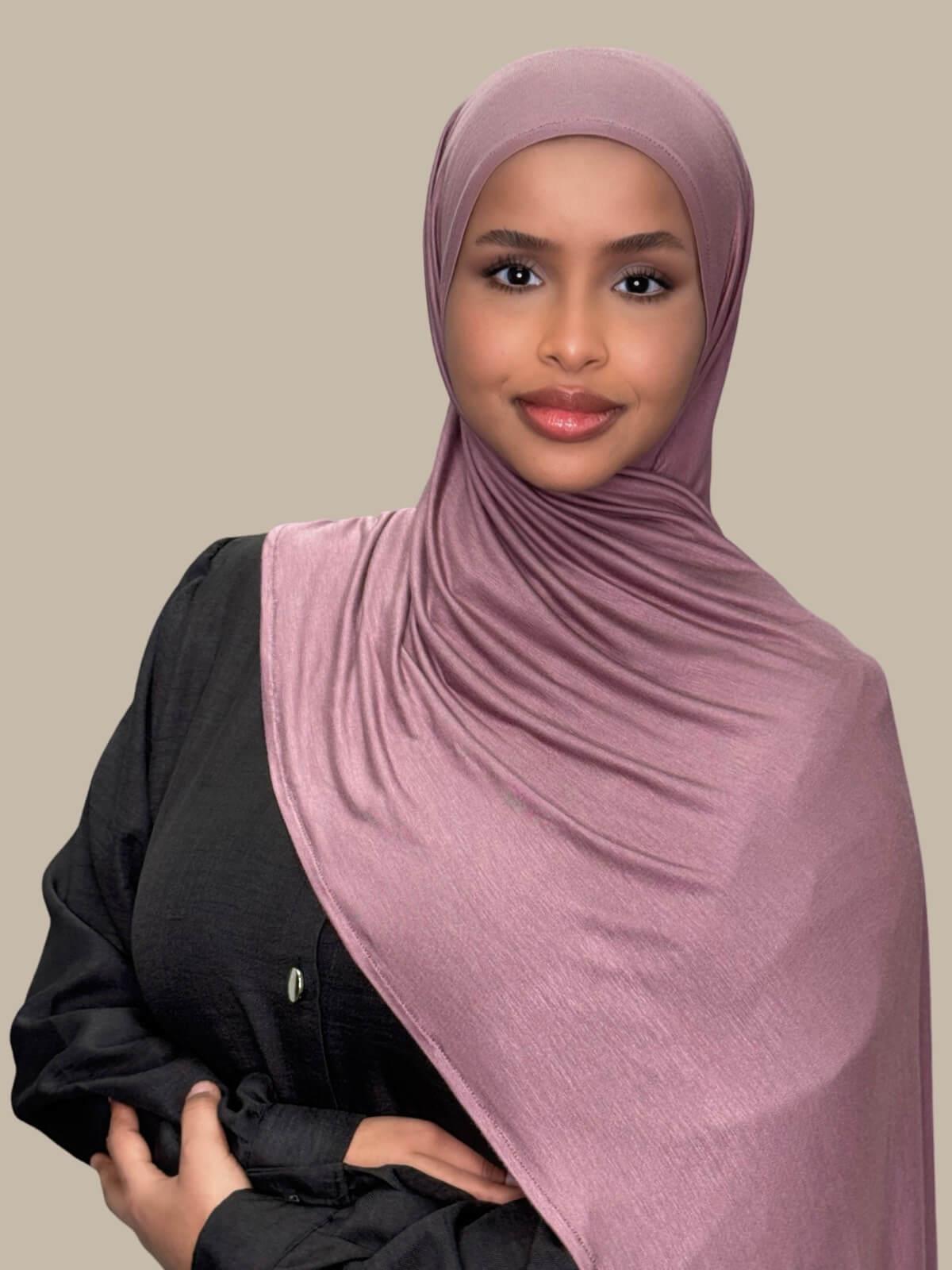 Rose Taupe Pre-Sewn Jersey Hijab front view on model draped over shoulder
