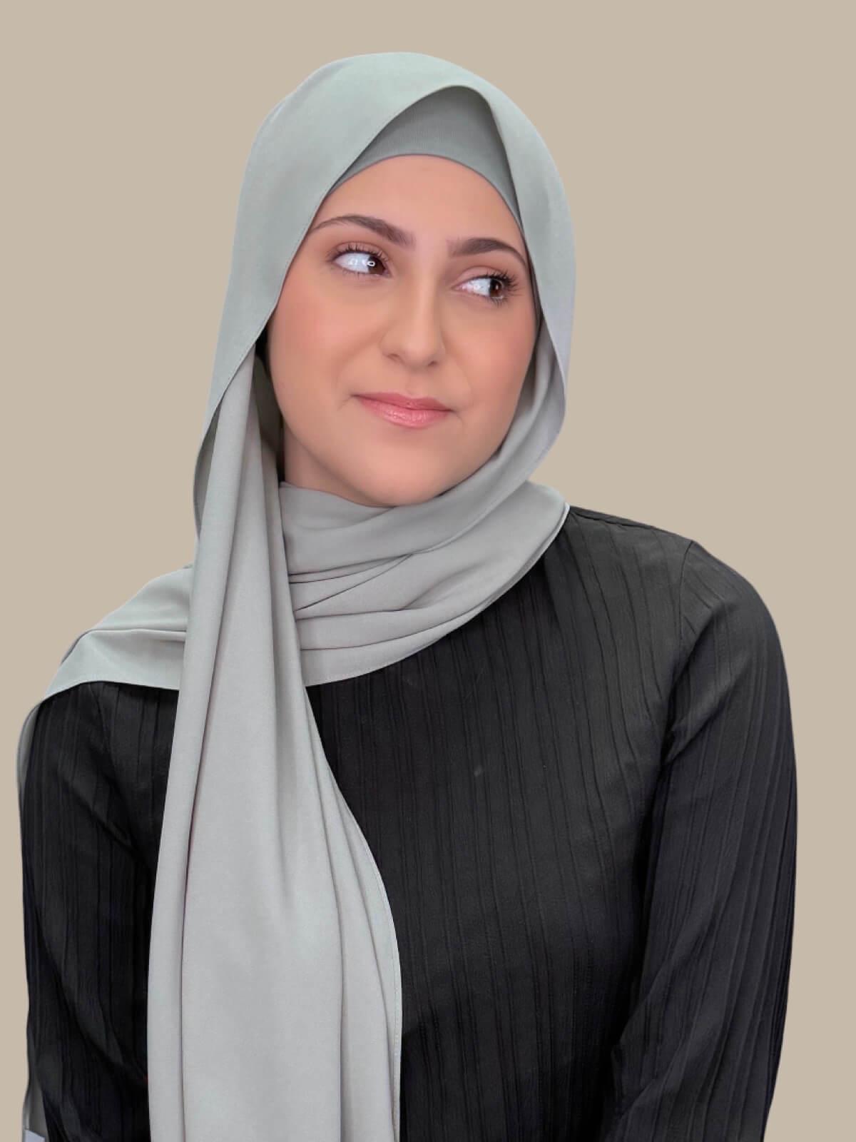 Soft Sage Matching Chiffon Hijab Set in modish girl size on model, front view showing lightweight drape and smooth layered wrap with elegant finish.